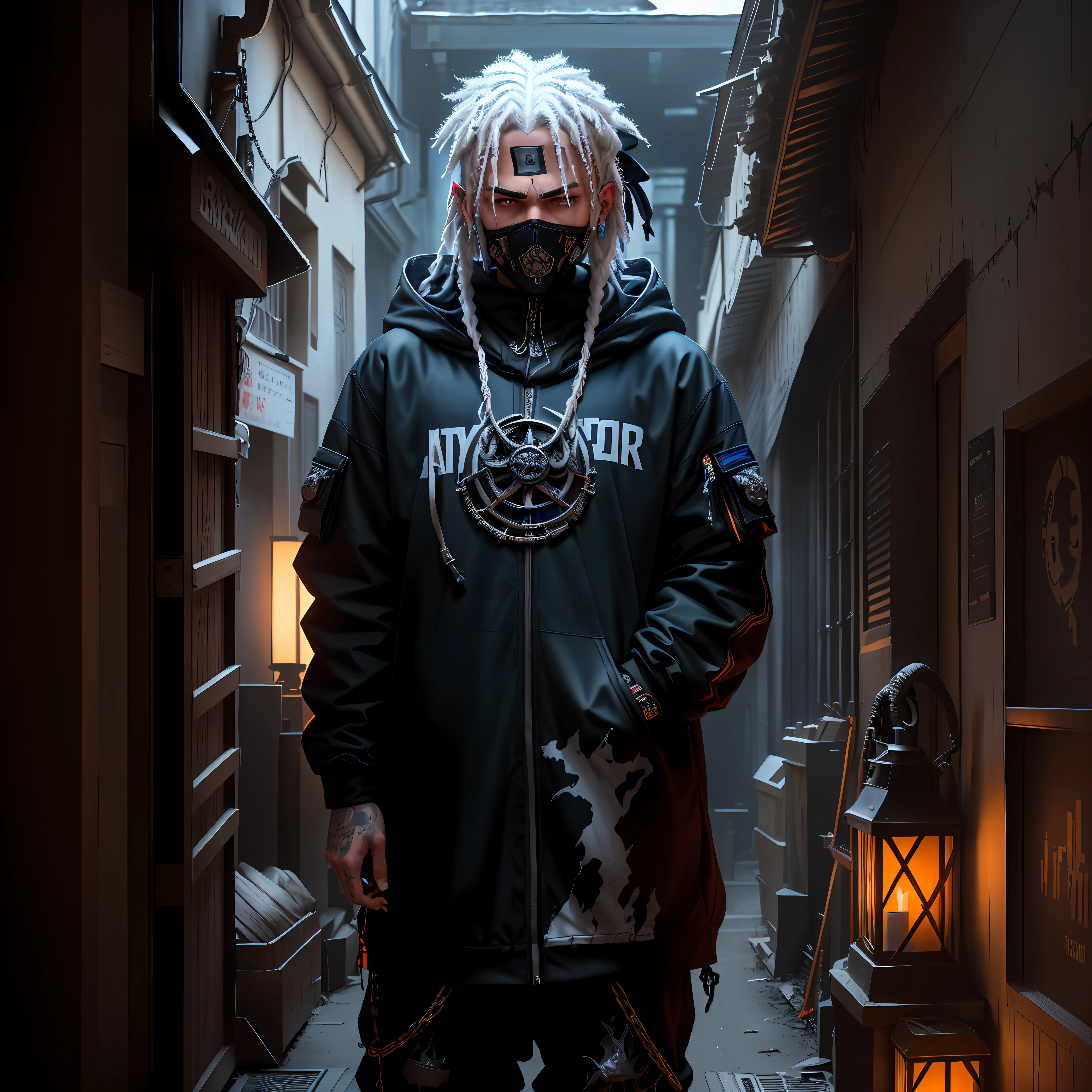 ((ultra realistic details)), arafed white man with white dreadlocks and a hoodie standing in a dark hallway, black mask, blue eyes, badass anime, portrait, global illumination, shadows, octane render, 8k, ultra sharp, metal, intricate, ornaments detailed, perfectly drawn, perfect proportions, cold colors, lil peep, lil pump, xxxtentacion, justin bieber, marshal maters, highly intricate details, realistic light, trending on cgsociety, glowing eyes, facing camera, sicko, trending, ashy, photo from a promo shoot, end of an era, official artwork, promo image, dark walls, steampunk, punk, trapstar, album cover, white man, blue eyes, chains, rings, holding a microphone, lil peep, masked, shinobi, alternate album cover, album cover!, xxxtentacion, album art cover, album art, new album cover, yung lean, music album cover, album cover, rap album cover, colored album art, hardops, arca album cover, an album cover, album artwork, sicko, trending, anime artsyle, dark, darkness, shadows, orange, blood, crime, katana, bandana, shinobi mask, perfect proportions, beautiful eyes, beautiful face, amazing, masterpiece, high resolution, 8k, 3d, shadows, lights, purple shades, perfectly drawn