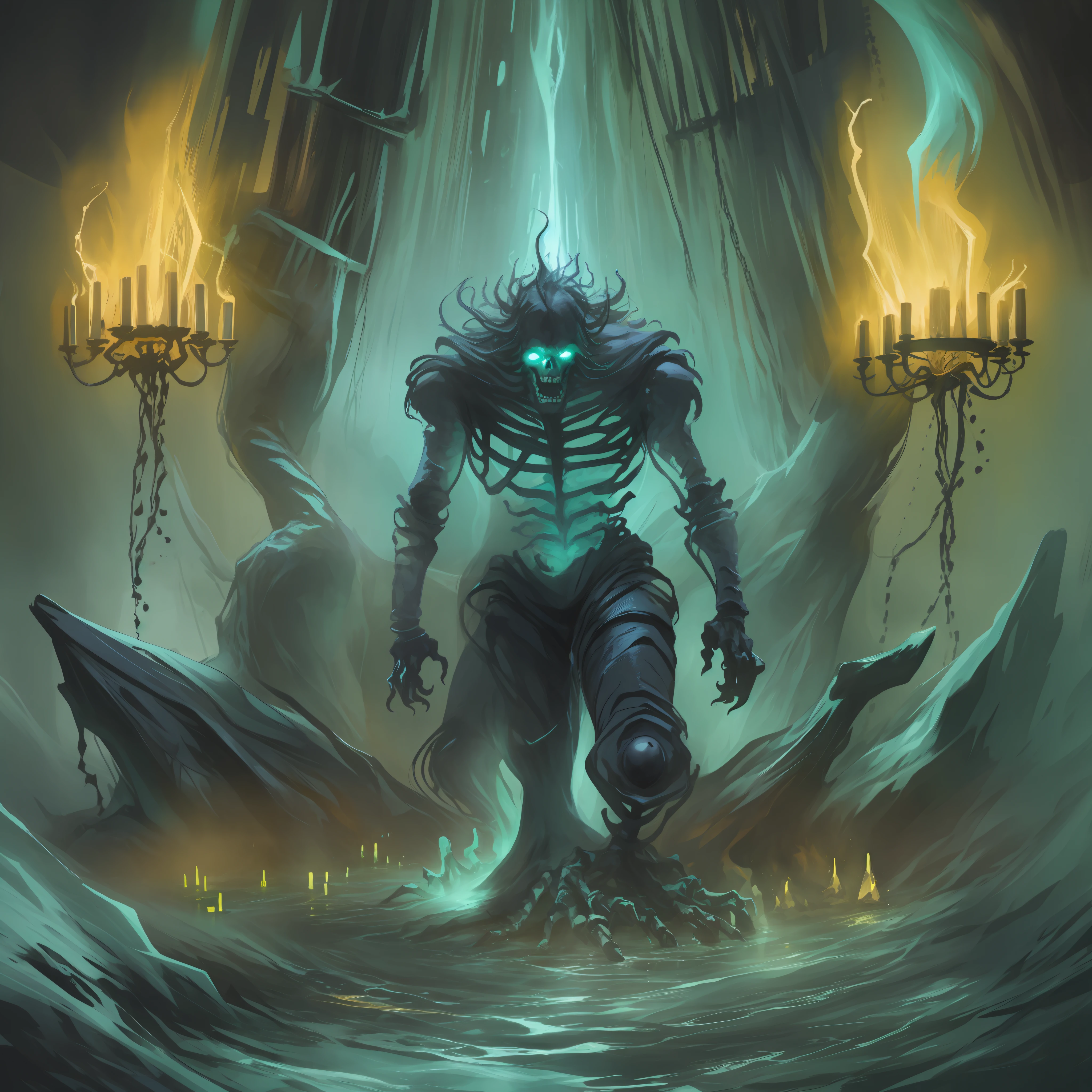 Colossal monster made out of an assortment of bones glowing a ghastly colour, it has an assortment of potions tied to its bones