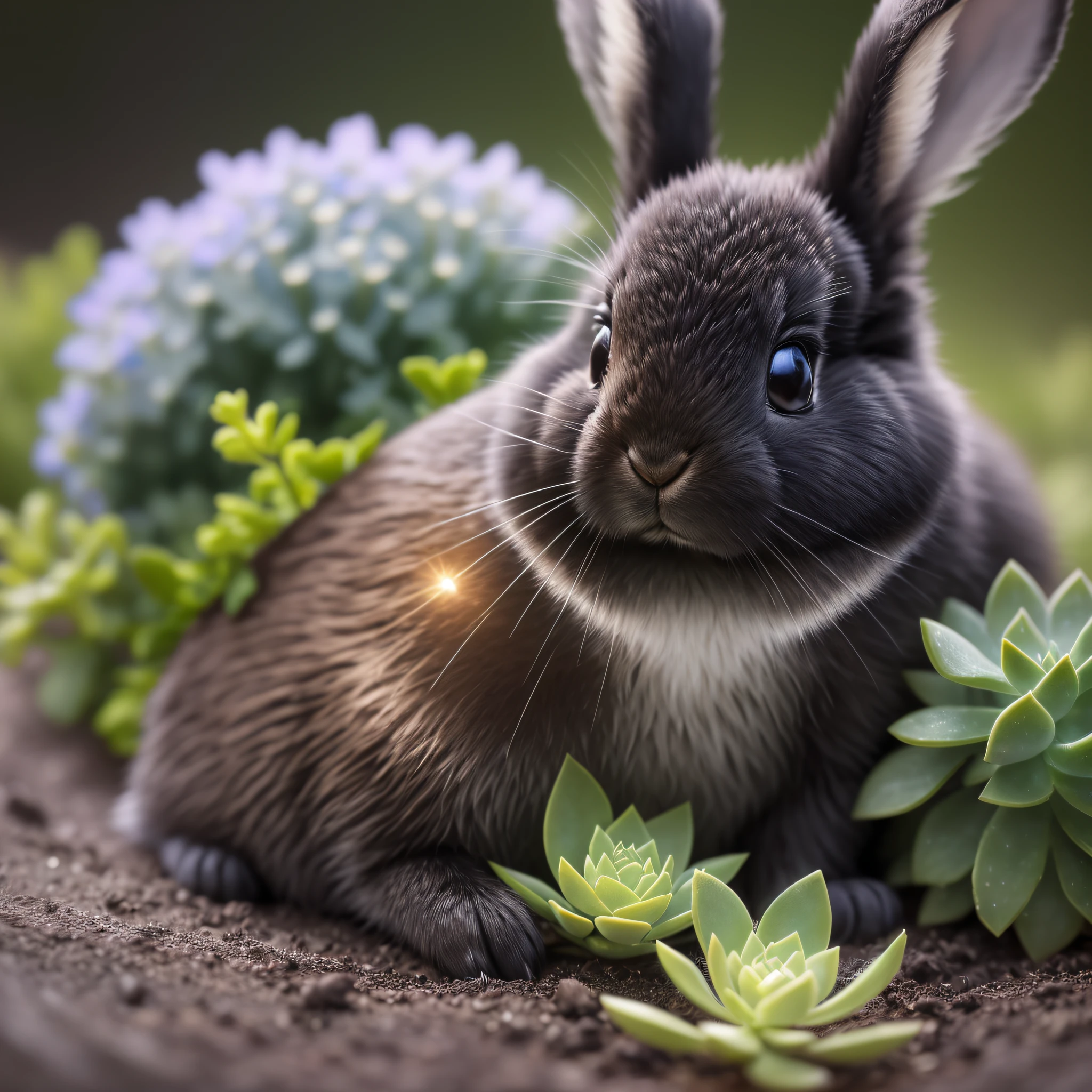 Black, Succulent Garden Inside, Evening, A Rabbit Close-Up, Ultra Close Up, Luminous, Glow-in-the-Dark Rabbit, Furry, Firefly, Volumetric Mist, Halo, Bloom, Center, Rule of Thirds, 200mm 1.4F Macro Shot