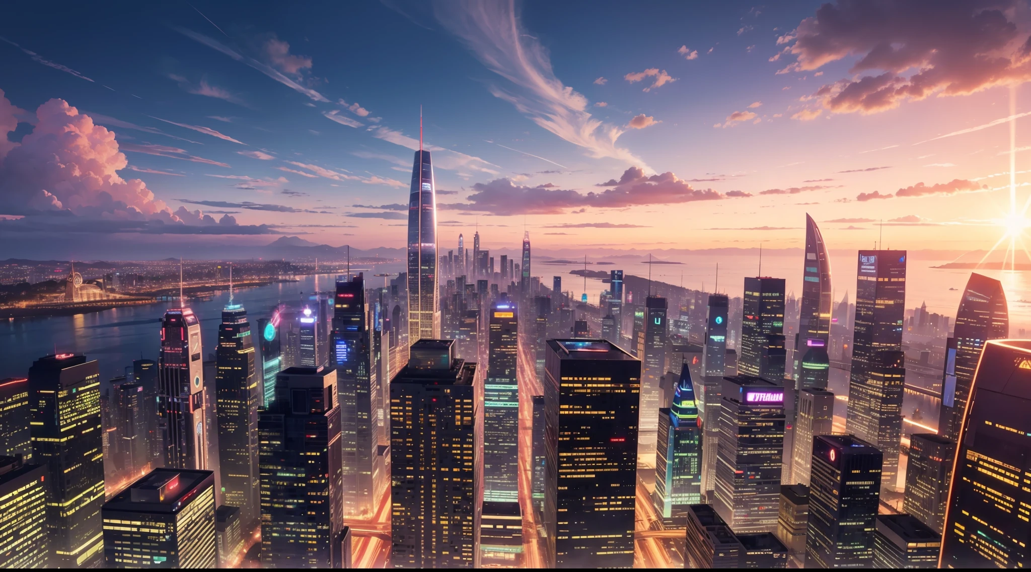 panoramic view of utopian city at sunset, vibrant, photorealistic, realistic, dramatic, cinematic lighting, sharp focus, 8k