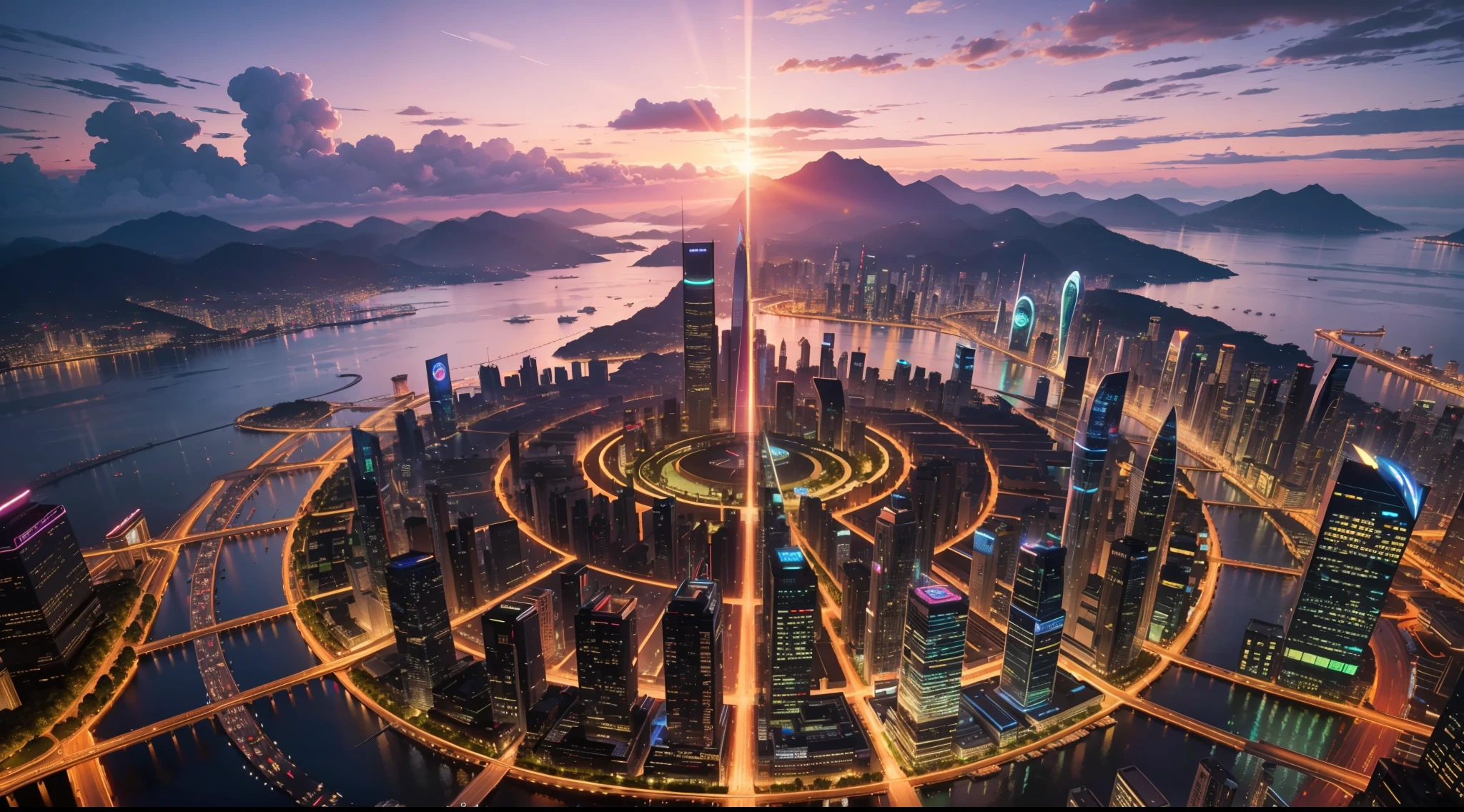 panoramic view of utopian city at sunset, vibrant, photorealistic, realistic, dramatic, cinematic lighting, sharp focus, 8k