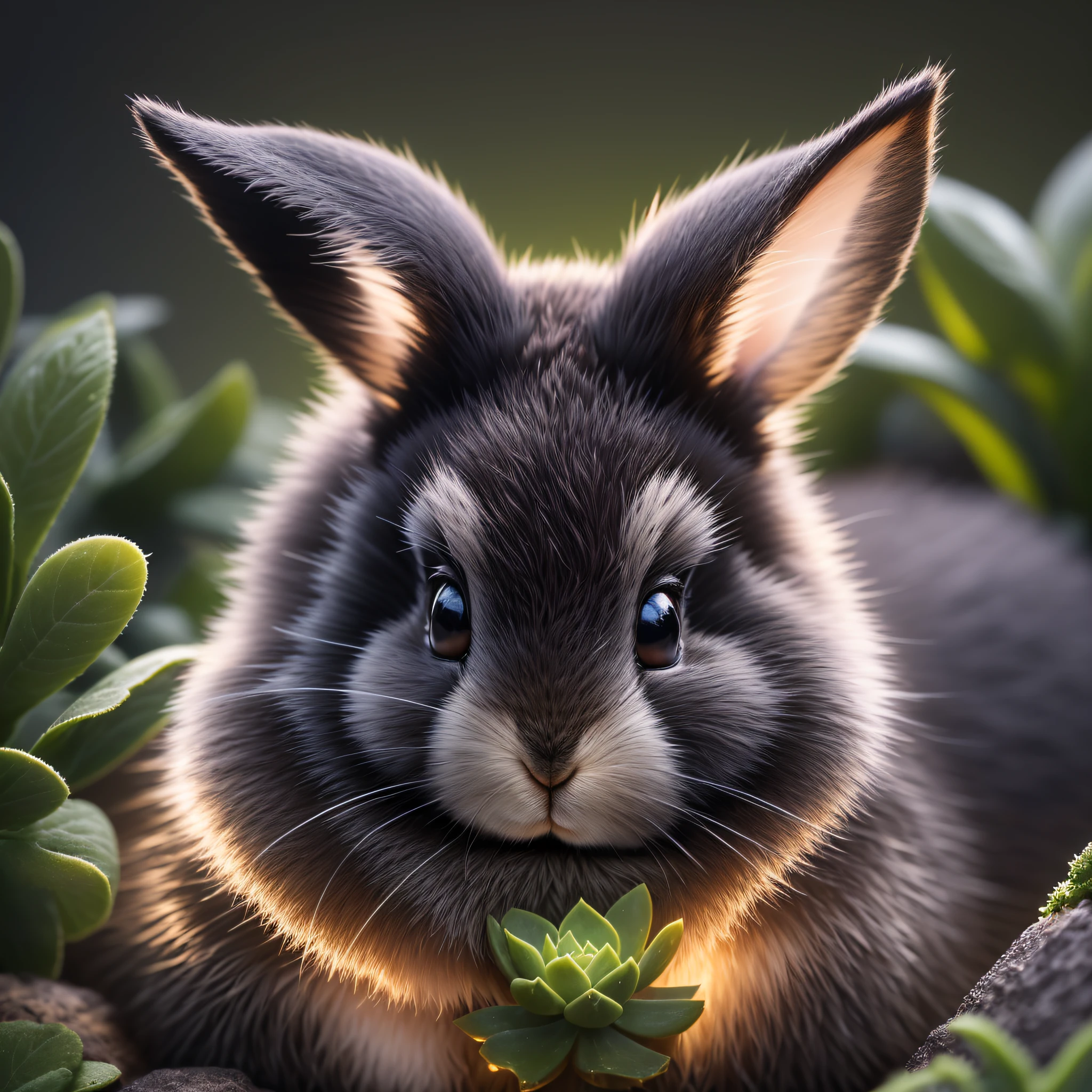 Black, Succulent Garden Inside, Evening, A Rabbit Close-Up, Ultra Close Up, Luminous, Glow-in-the-Dark Rabbit, Furry, Firefly, Volumetric Mist, Halo, Bloom, Center, Rule of Thirds, 200mm 1.4F Macro Shot