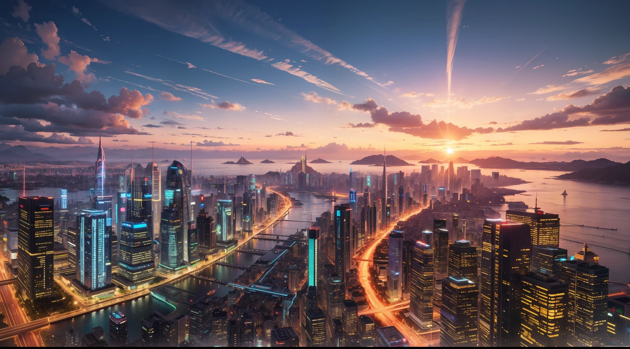 panoramic view of utopian city at sunset, vibrant, photorealistic, realistic, dramatic, cinematic lighting, sharp focus, 8k