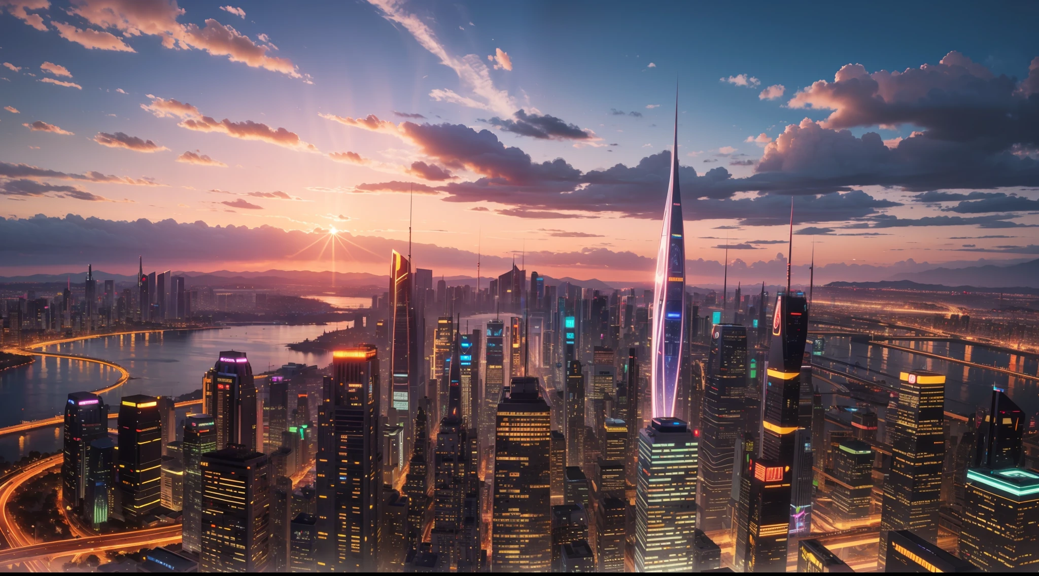 panoramic view of utopian city at sunset, vibrant, photorealistic, realistic, dramatic, cinematic lighting, sharp focus, 8k