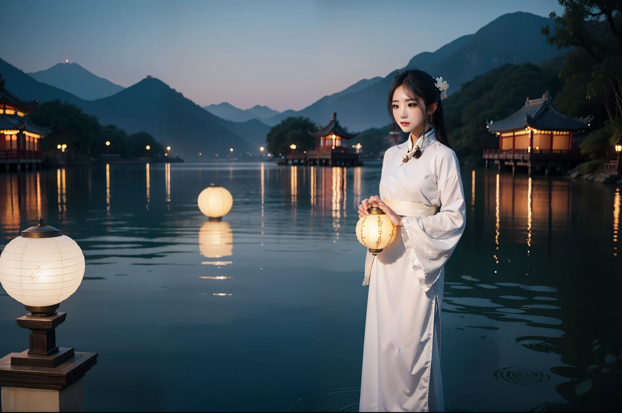 A gorgeous model dressed in white Hanfu and holding an ancient Chinese yellow lantern in her hand, on the side of the dreamy Hangzhou West Lake, outdoors, deep blue sky in the early morning, night view, photography grade lighting, 4K, product shooting, realistic details, perfect photos, vistas, full body --ar 3:4 --q 2 --v 5 --s 750