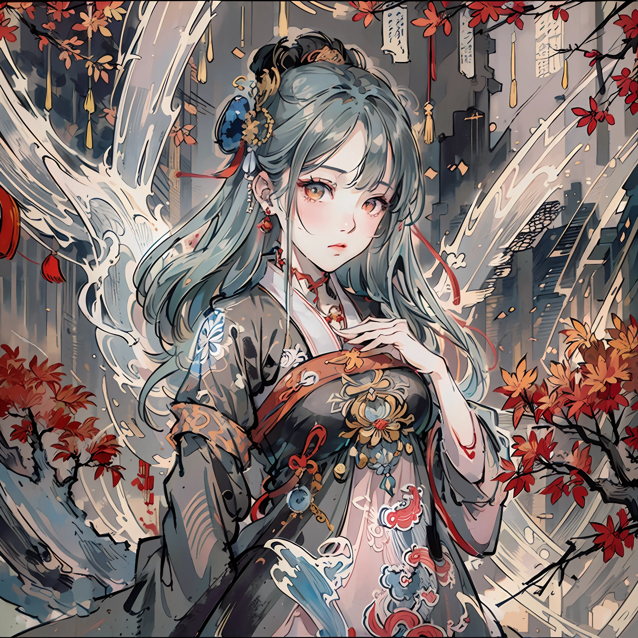 Master works, super details, 8K, Chinese painting, ink painting, (1girl:1.2), waterfall, ethereal, romantic, chivalrous, red, floating, full of imagination, martial arts novel, rain,