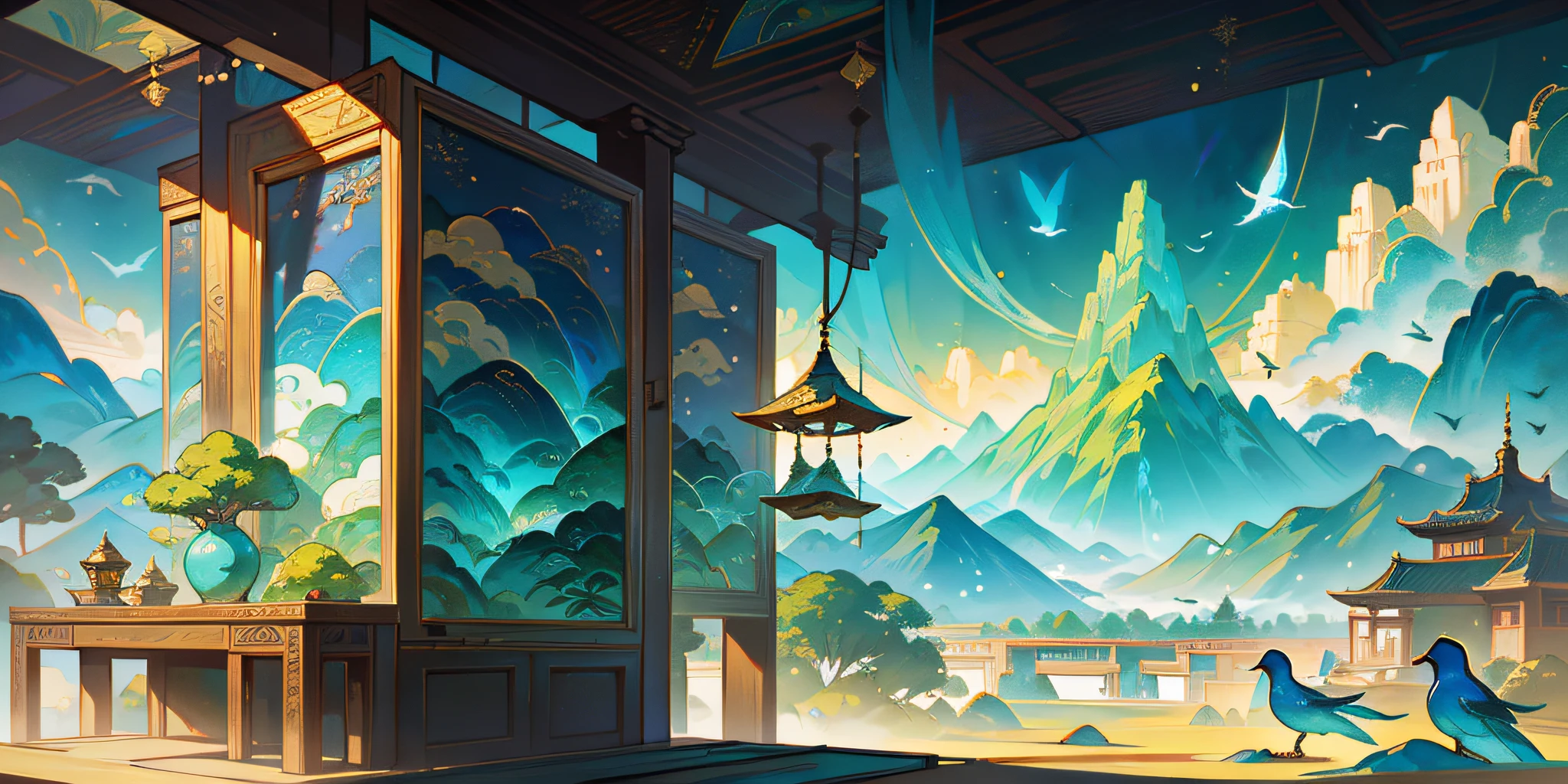 an image of an asian landscape with mountains and birds in the air, in the style of fantastical otherworldly visions, light cyan and gold, intricately mapped worlds, hyperrealistic illustrations, romanticized cityscapes, detailed character illustrations, organic shapes and curved lines, --v6