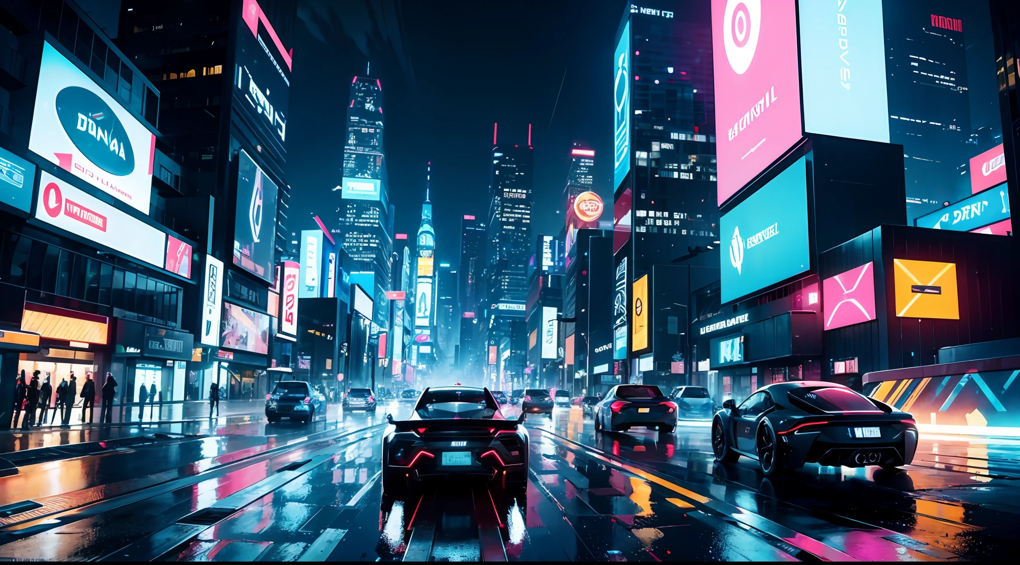 Create a captivating digital artwork depicting a futuristic cityscape at night. Imagine a bustling metropolis with towering skyscrapers, adorned with colorful neon lights that illuminate the night sky. The buildings should have sleek and modern designs, featuring sleek curves and geometric shapes.
In the foreground, include futuristic vehicles gliding through the city streets, with sleek lines and vibrant light trails. Show a diverse range of vehicles, from sleek hovercars to futuristic motorcycles, giving a sense of energy and movement to the scene.
Add elements of advanced technology throughout the cityscape, such as holographic billboards, floating drones, or futuristic transportation systems. These details will contribute to the futuristic atmosphere and create a sense of technological advancement.
Pay attention to the lighting and reflections in the artwork, as the neon lights and glass surfaces of the buildings should create interesting and dynamic lighting effects. Experiment with vibrant and contrasting colors to make the artwork visually striking.
For the style, you can explore a combination of digital painting techniques and photo manipulation to achieve a unique and futuristic look. Consider incorporating texture overlays or incorporating abstract elements to add depth and visual interest.
Ensure that the final artwork has a high-resolution output suitable for digital display or printing, so that the intricate details can be appreciated.