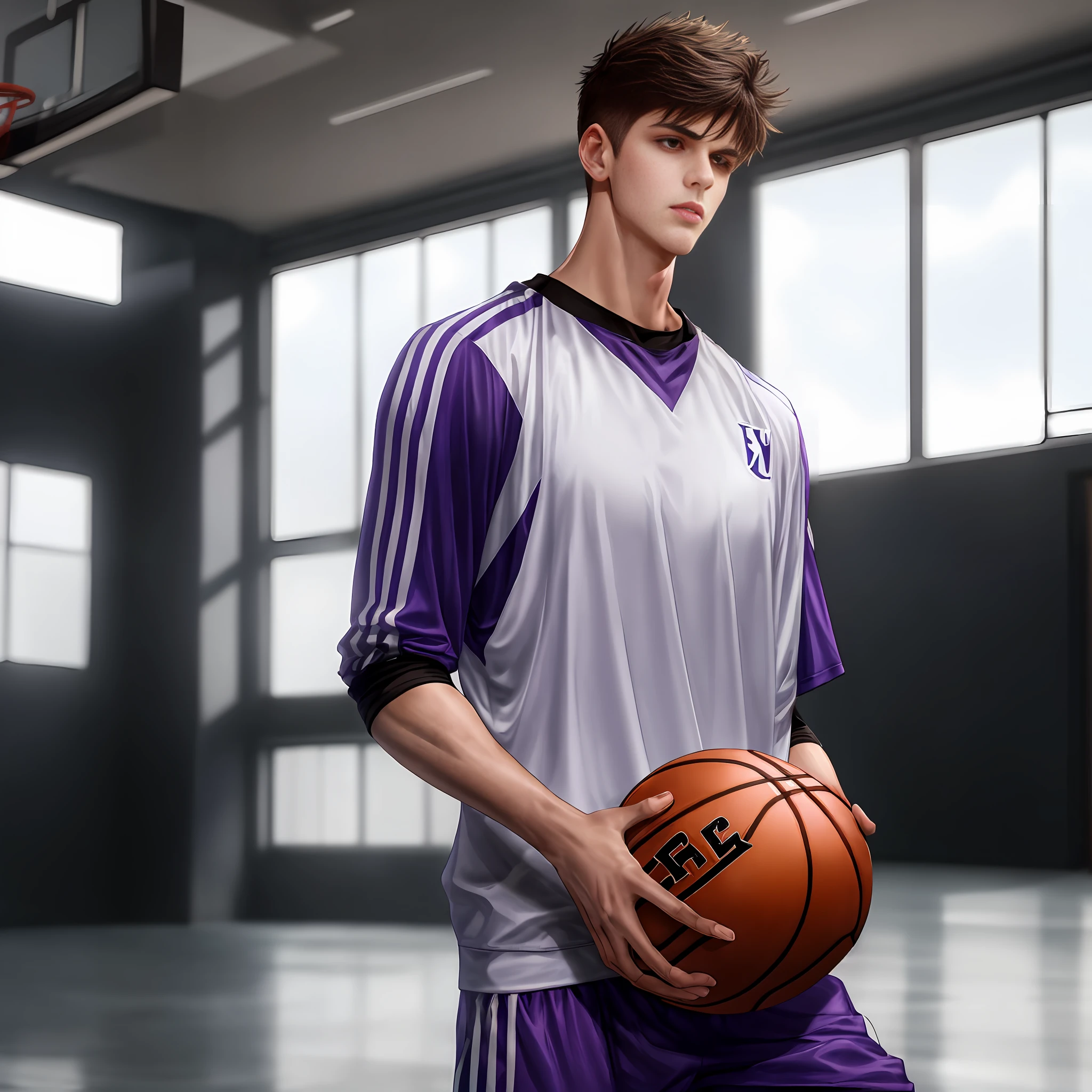 Long view, indoors, basketball court, high-looking handsome boy, 1boy, delicate light and shadow, white skin, brown hair, sportswear, basketball jersey, violet badketball jersery and shorts, solo x1.5, shy expression, basketball, realistic, detailed hair, detailed skin