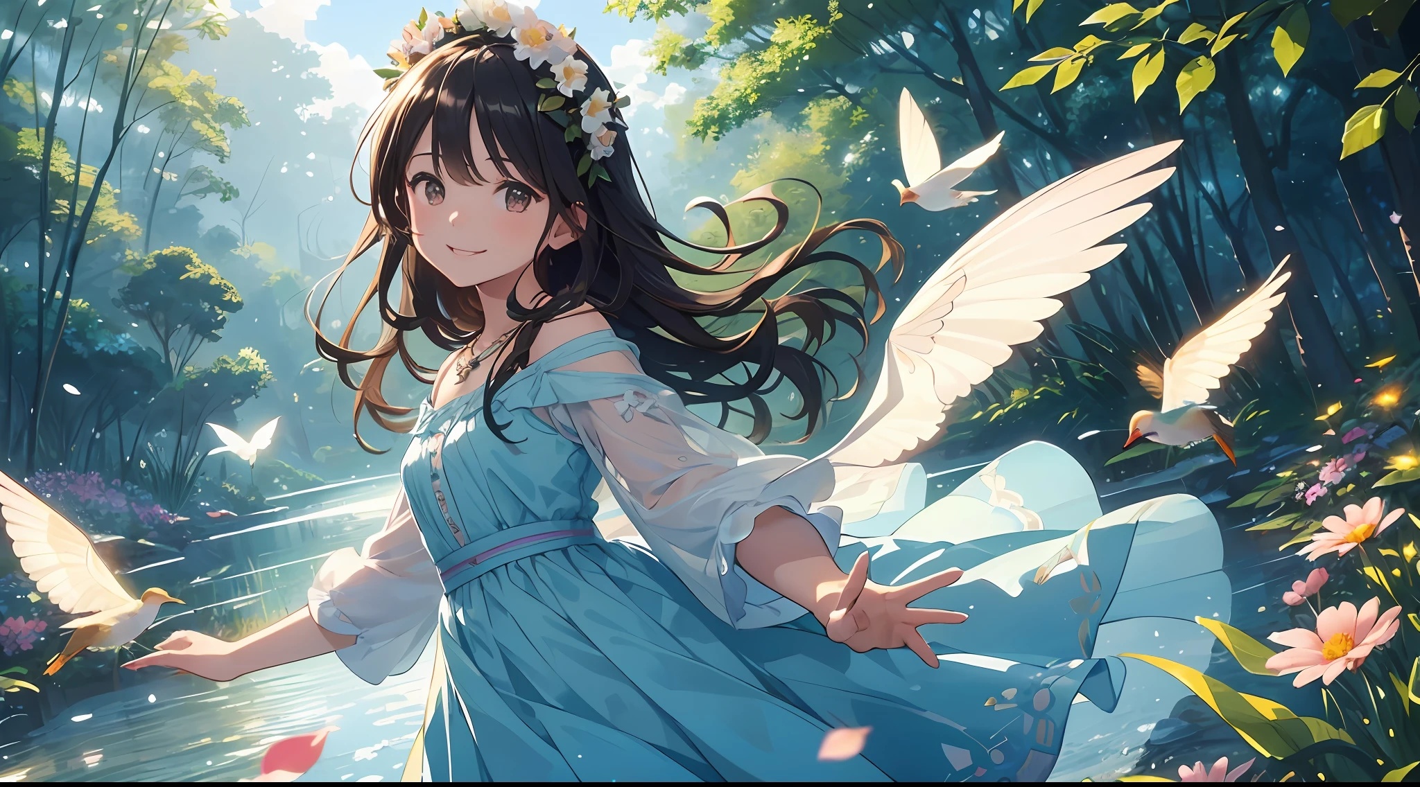 ((SFW))), Masterpiece, (High Quality), ((Photoreal)), (Cinematic Direction), (High Contrast), (Depth of Field: 1.3), (Award-winning Difference Photo: 1.1), (Face Detail), Detailed Drawing, There is a place in the forest where flowers bloom, Girl dancing in a snow-white summer dress in the flower field, Animals are jumping happily around the girl, Colorful little birds and butterflies flying around the girl, the girl is 9 , black hair very long hair, flower crown, full body figure, summer sky, summer clouds, summer dazzling sunlight, (flower garden), girl with open arms, dancing, necklace, ((smile)), smile, happy, fun, girl looking up at the sky, deer, flapping duck, flapping goose, hummingbird, European bulbul, kingfisher, European orli, butterfly, (dazzling halo light), (dazzling brilliance: .1.6), (glow: 1.3), backlight, (colorful petals soar in the wind: 1.4), strong wind, teething, colorful flowers,