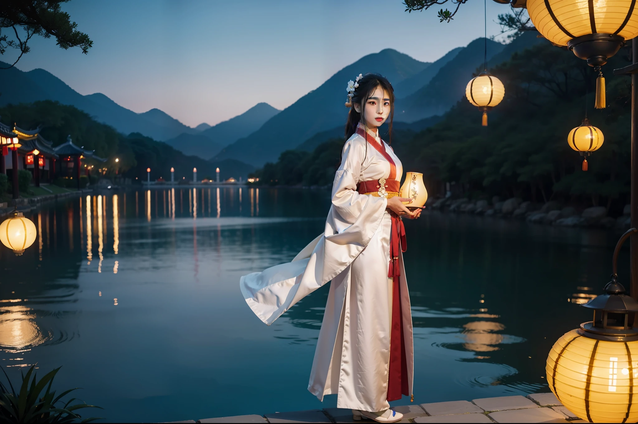 A gorgeous model dressed in white Hanfu and holding an ancient Chinese yellow lantern in her hand, on the side of the dreamy Hangzhou West Lake, outdoors, deep blue sky in the early morning, night view, photography grade lighting, 4K, product shooting, realistic details, perfect photos, vistas, full body --ar 3:4 --q 2 --v 5 --s 750