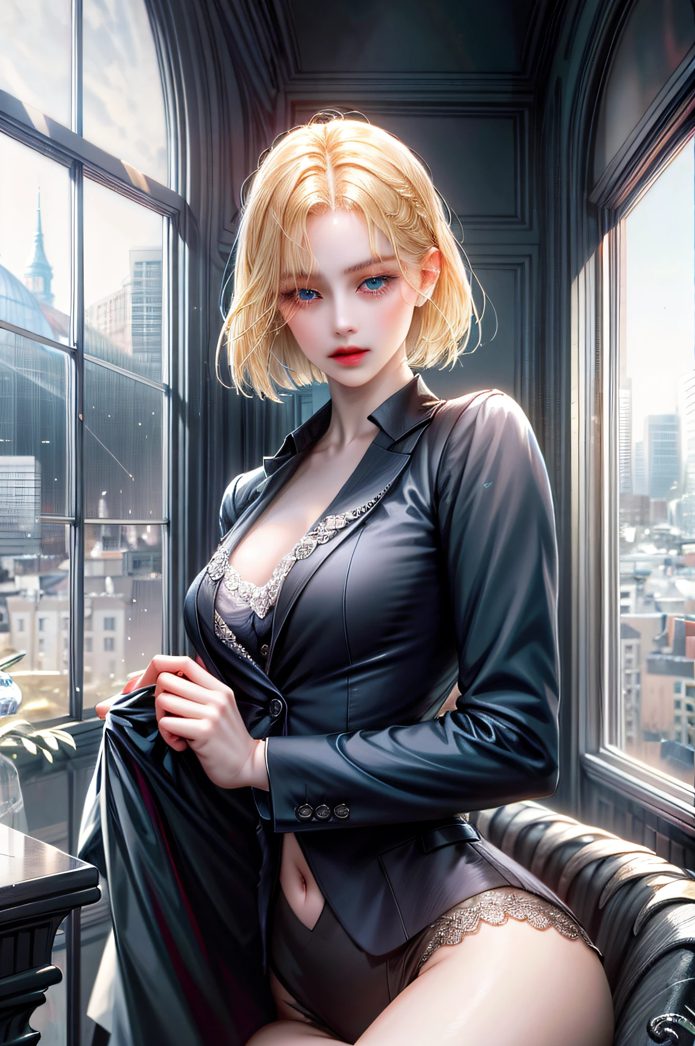 Girl with blonde hair and blue eyes, beautiful, underwear bite, sexy pose, lower body slender, back figure, gaze is window side, hair is short bob woman, tall, wearing a businessman's uniform, upper body braless)), jacket front opening, carrier woman, underwear bite, sexy pose, lower body slender, behind the woman there is a window showing various buildings in the city (absurd, high resolution, super detailed),