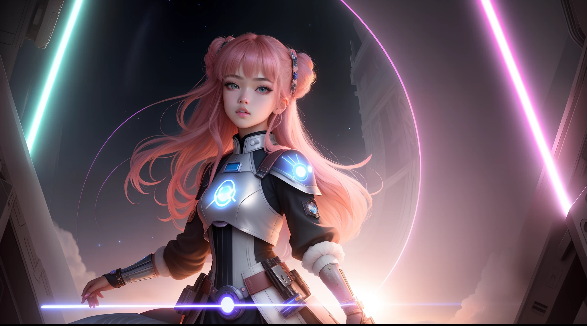 (masterpiece), (full body, full entire body), realistic, (portrait of 18 years old Rosé Blackpink), jedi padawan, beautiful face, cute face, sunlight, cinematic light, bangs, a beautiful woman, serious looking, combat pose, blue light saber, beautiful eyes, perfect eyes, small moles under left eye, light blond hair, perfect anatomy, very cute, princess eyes , (hazel eyes) , Ulzzang makeup, (frame the head), Centered image, stylized, bioluminescence, 8 life size,8k Resolution, black and pink jedi costume, human hands, wonder full, elegant, approaching perfection, space station background, dynamic, highly detailed, character sheet, smooth, facing directly at the viewer positioned so that their body is symmetrical and balanced, stunningly beautiful teenage girl, detailed hairstyle, Lisa Blackpink, ChilloutMix, Korean Doll Likeness, alphonse mucha inspired