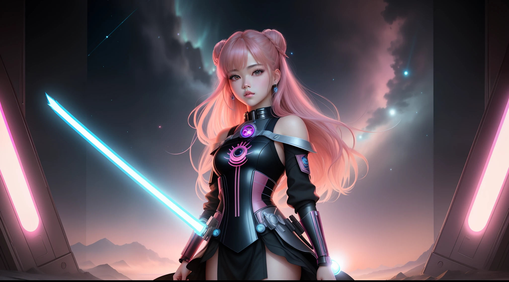 (masterpiece), (full body, full entire body), realistic, (portrait of 18 years old Rosé Blackpink), jedi padawan, beautiful face, cute face, sunlight, cinematic light, bangs, a beautiful woman, serious looking, combat pose, blue light saber, beautiful eyes, perfect eyes, small moles under left eye, light blond hair, perfect anatomy, very cute, princess eyes , (hazel eyes) , Ulzzang makeup, (frame the head), Centered image, stylized, bioluminescence, 8 life size,8k Resolution, black and pink jedi costume, human hands, wonder full, elegant, approaching perfection, space station background, dynamic, highly detailed, character sheet, smooth, facing directly at the viewer positioned so that their body is symmetrical and balanced, stunningly beautiful age girl, detailed hairstyle, Lisa Blackpink, ChilloutMix, Korean Doll Likeness, alphonse mucha inspired