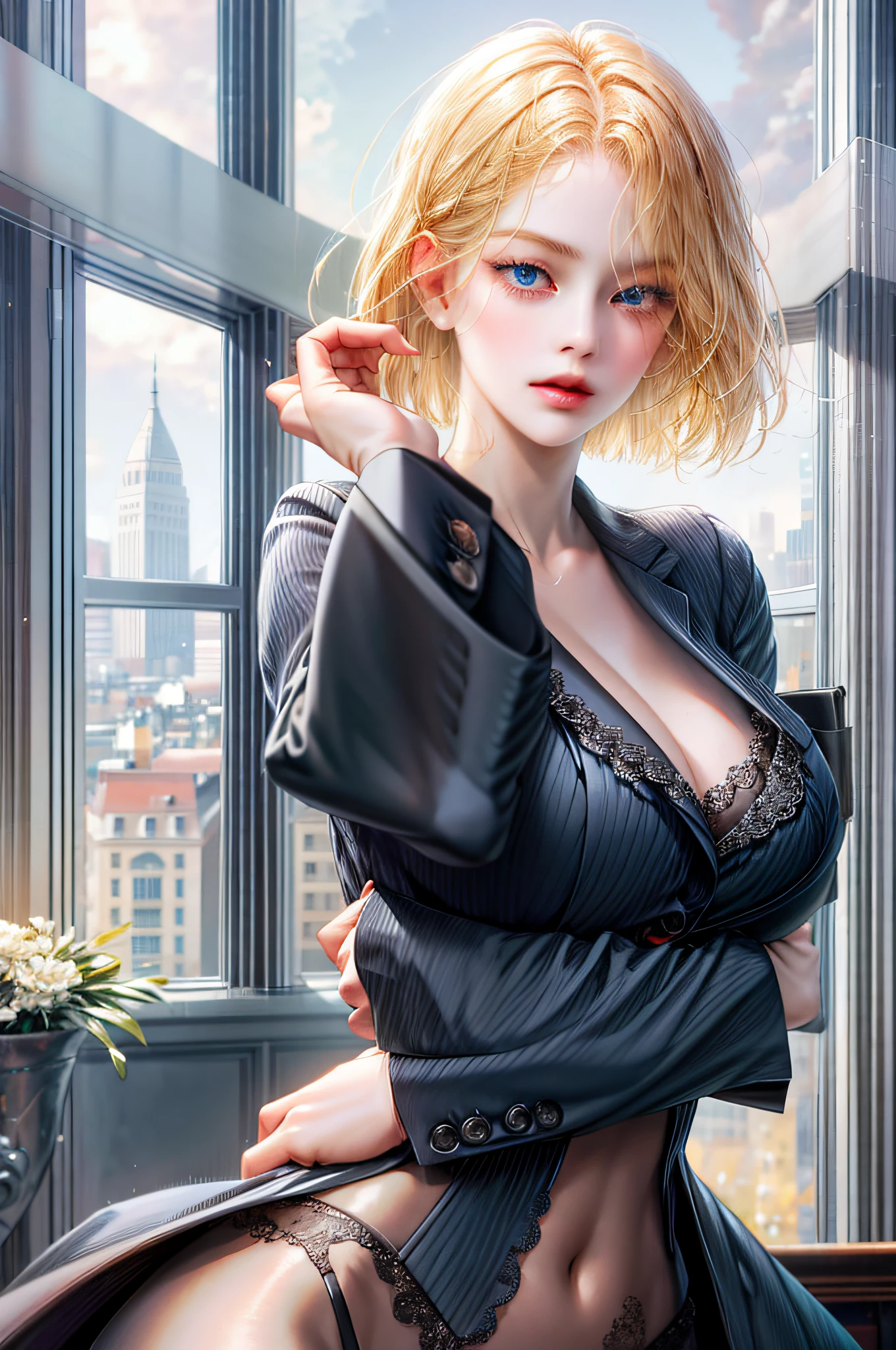Girl with blonde hair and blue eyes, beautiful, underwear bite, sexy pose, lower body slender, back figure, gaze is window side, hair is short bob woman, tall, wearing a businessman's uniform, upper body braless)), jacket front opening, carrier woman, underwear bite, sexy pose, lower body slender, behind the woman there is a window showing various buildings in the city (absurd, high resolution, super detailed),