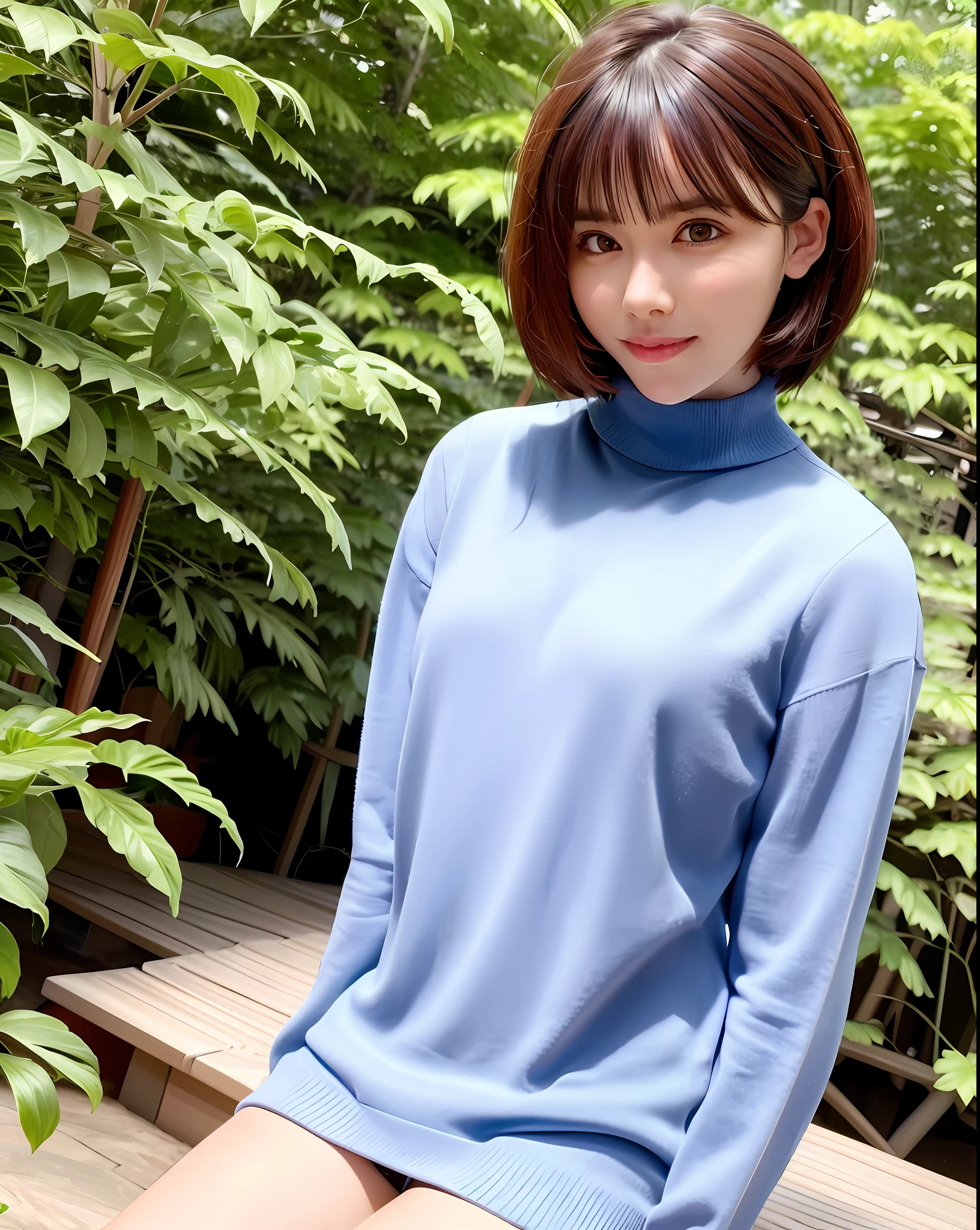 best quality, photorealistic, 8k, high res, 1girl, woman, (skindentation), (professional lighting), (portrait:0.6), gorgeous, brunette, ((white plain background:1.2)), (small breast, blue polo-neck sweater, parted bangs:1.5), (looking at the viewer), 1girl sleepy eyes looking at viewer:1.5, photorealistic, (bokeh), (portait:0.6), gorgeous, (dynamic pose:1.2), smile:1.9,