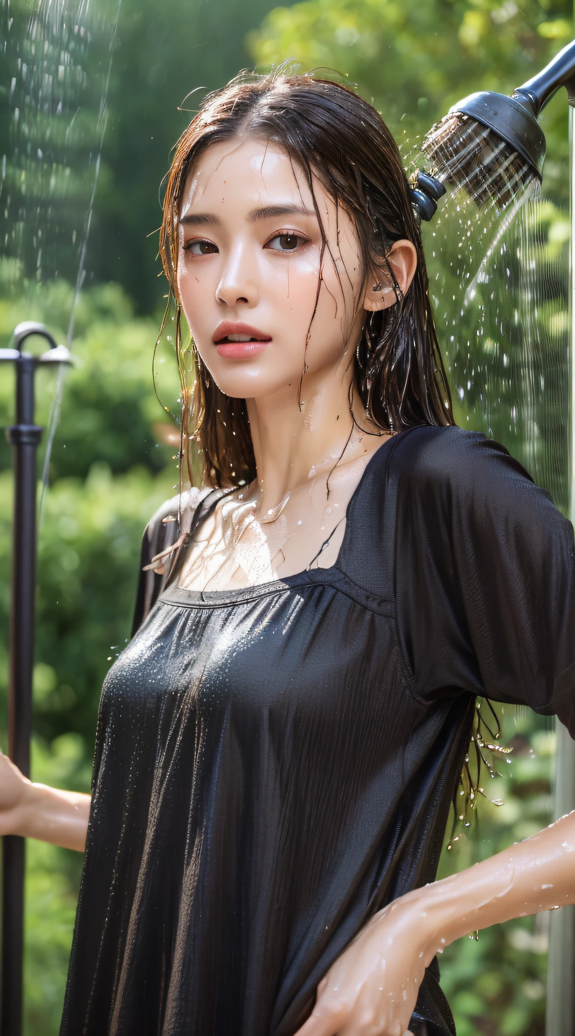 (Best quality, 4k, Masterpiece :1.3), pretty woman, 1girl, (skinny, perfect body :1.2), abs :1.1, dark brown hair: 1.1, (outdoor shower, wet clothes :1.2), ultra-detailed face, detailed lips, detailed eyes, double eyelid