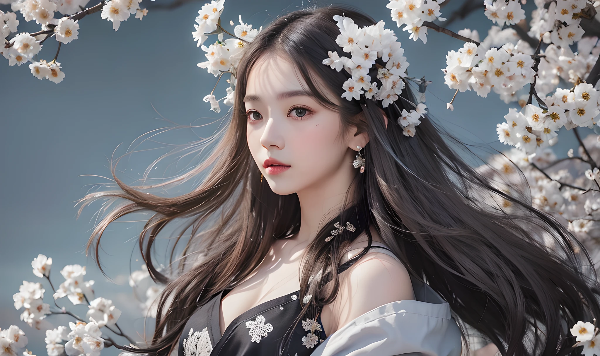 portrait of a girl, (face:1.2), Floating hair, wind, clouds, sunshine, movie light, bangs, face close-up, sky background, oil painting texture, clear hair, light hair, flowers, girls, smiles, bright eyes, single line shoulder, collarbone, shirt, autumn, bare shoulder, bare tree, black hair, branch, cherry blossom, cleavage,coat, (robe:1.21), collarbone, earrings, gray background, hair accessories, Hanfu, Holding a pipe, jewelry, lips, long hair, medium breasts, sitting, solo, tassel, tree, wide sleeves, see through clothes, translucent clothes, silk, Shuke walking horse, negative space, ink painting, standing woman portrait, Willow Branch, (Masterpiece best quality :1.2), traditional Chinese ink painting, model shooting style, peace, looking at the audience, wearing long Hanfu, Song, Willow as background, Ochangshuo, shirt, nsfw whole body, head to toe, natural body, girly feeling, flying hair