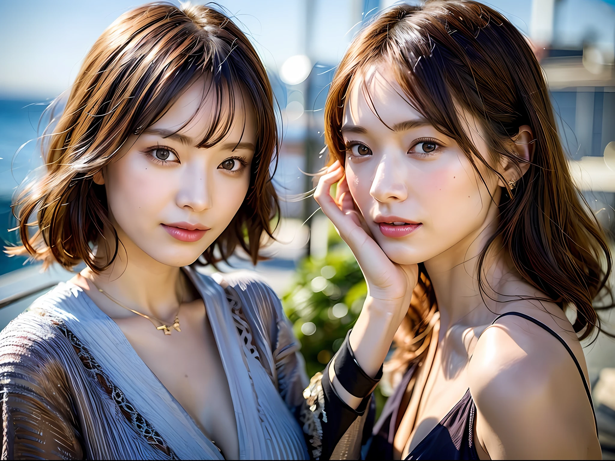 A very beautiful moonlit night、A woman with a very cute face like an idol、Cleavage、Character portrayals indistinguishable from real life、masterpiece