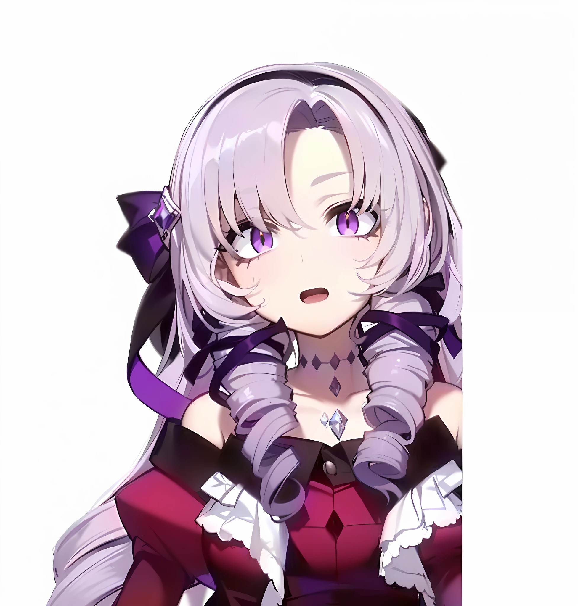 (Masterpiece, Top Quality, Best Quality, Watercolor (Medium), Official Art, Beautiful and Aesthetic: 1.2), (1 Girl: 1.3), (Fractal Art: 1.3), Upper Body, From the Side, Looking Right, Wide Open Eyes, Pupil Open Eyes, Open Mouth, Drill Hair, Purple Ribbon, Purple Eyes, Lilac Hair, Off Shoulder, Diamond in Eyes
