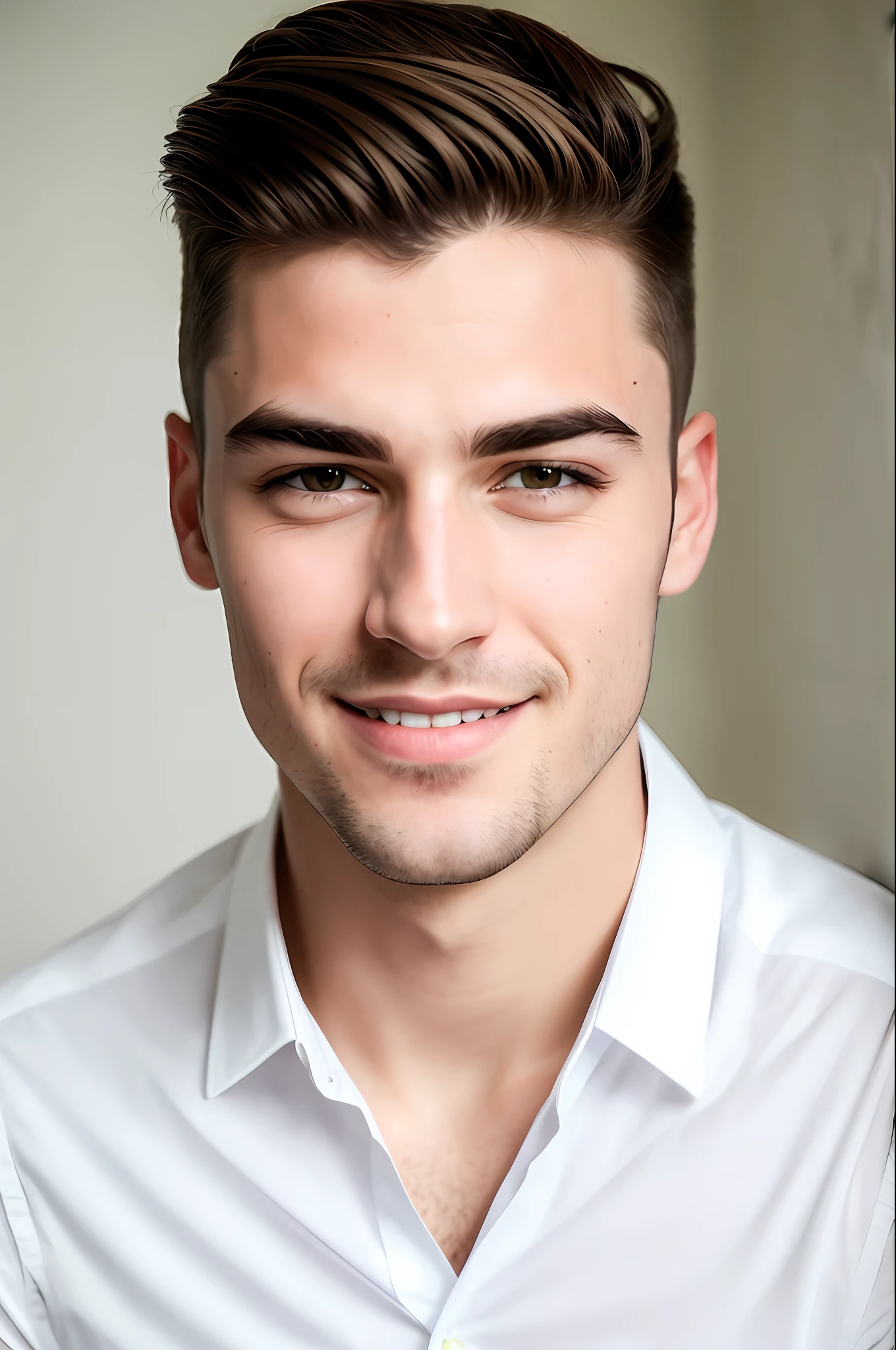 (8K, HDR, Hi-Res), (((Photography, RAW Photography, Hyperrealism, Masterpiece, Best Quality, Ultra High Definition)))), (Pin Light, Backlight, Backlight, Cinematic Light), Sharp Focus: 1. 4, (hyper detail, fine detail), face close-up, close-up,
1 Male, fearless face, deep cut eyes, nose with straight nose, thin lips, thick eyebrows, long eyelashes. ruddy skin, pale and stubble, clean hairstyle, white cutter shirt, smile: 1.4,