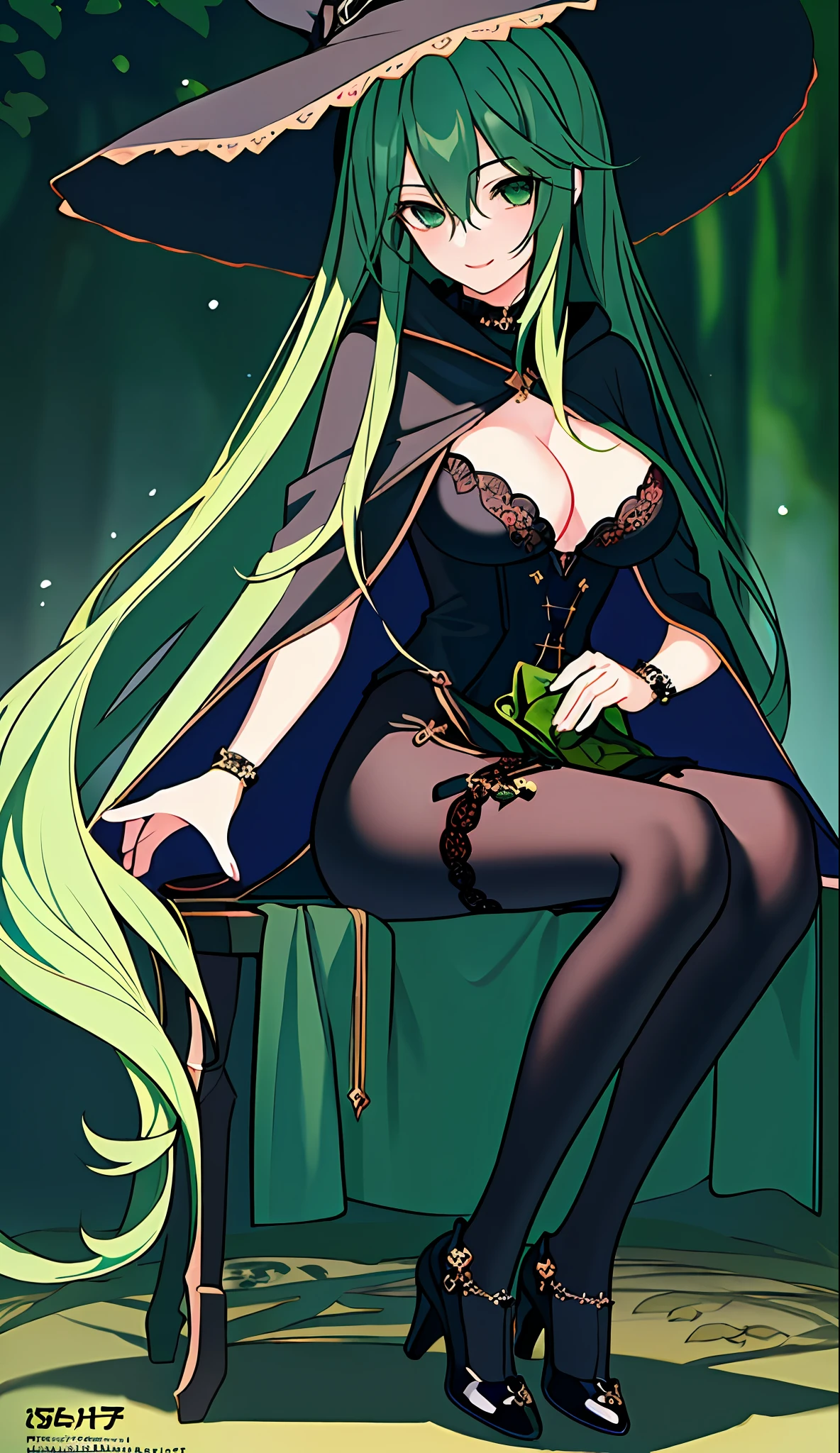 18-year-old beautiful girl, ((Masterpiece)))), (Best quality)))), (((Very detailed))), detailed fingers, precise fingers, not unnatural hands, illustration, 1 girl, solo, green long hair, black witch hat, black cloak, full body black tights, green eyes, nastumi, large breasts,