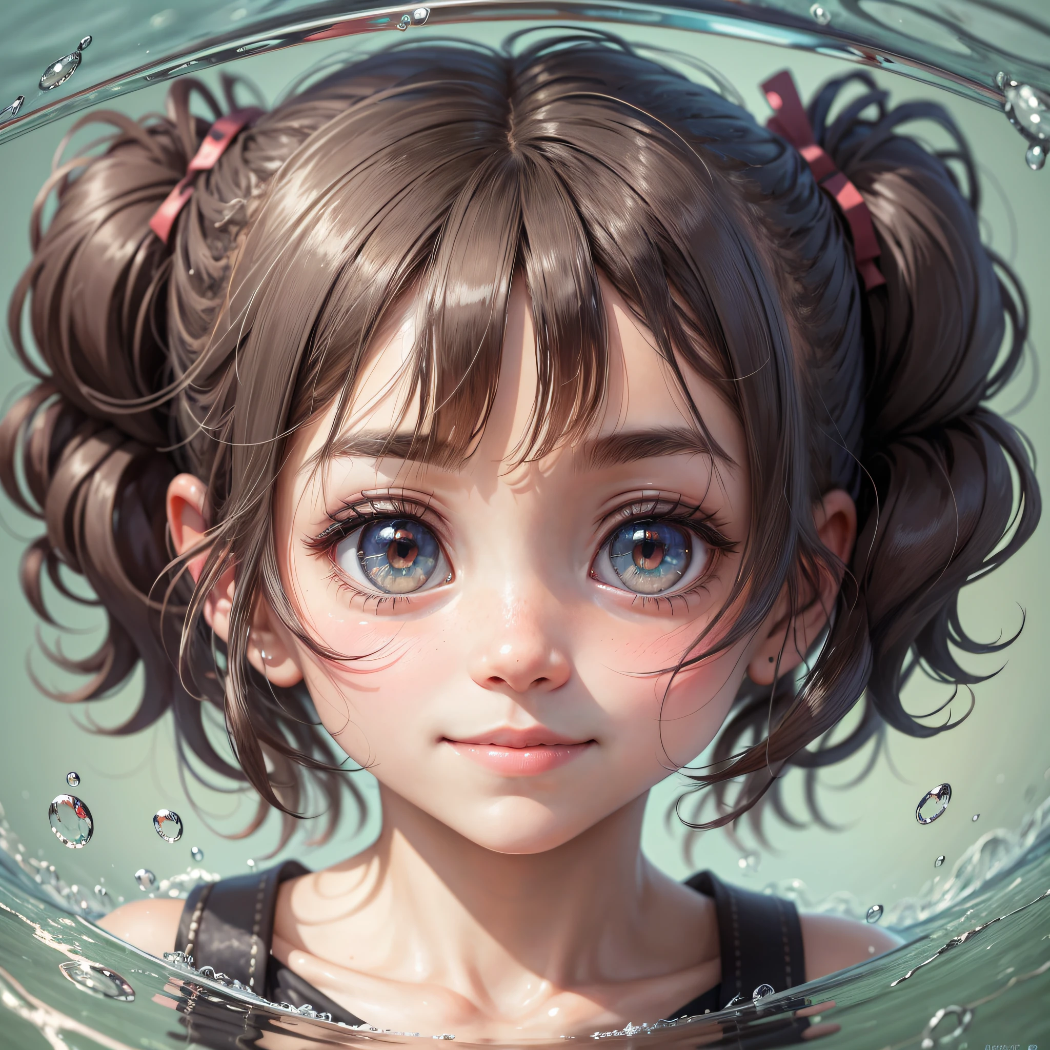 Little girl looking into a puddle, short twintails, side bun, mole under eye, blank eyes, smile, shy, modern, anime, Surrealism, reflection light, first-person view, close-up, upside-down, Canon, high quality, highres, HD, 4K, highres, best quality, award winning, textured skin, UHD