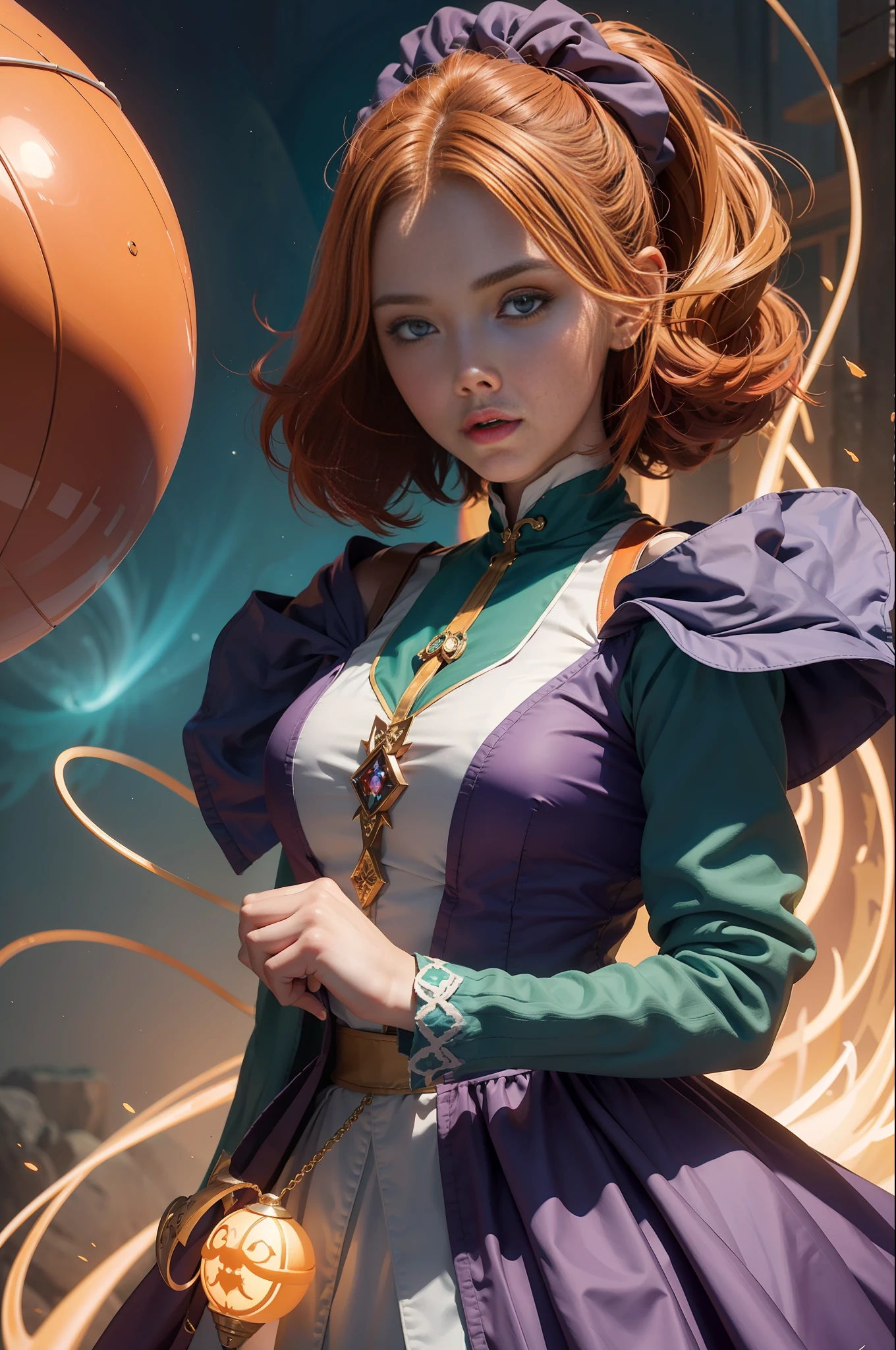 concept art, overhead angle of a Will-o'-the-wisp, wearing Funny Somali Emerald deep orange Pinafore, Caramel hair styled as Short hair, fluorescent purple Hair tie, equirectangular 360, Highres,  [(art by Willi Baumeister:1.1), (art by John T. Biggers:1.2)::17], official art, unity 8k wallpaper, ultra detailed, aesthetic, masterpiece, best quality, photorealistic