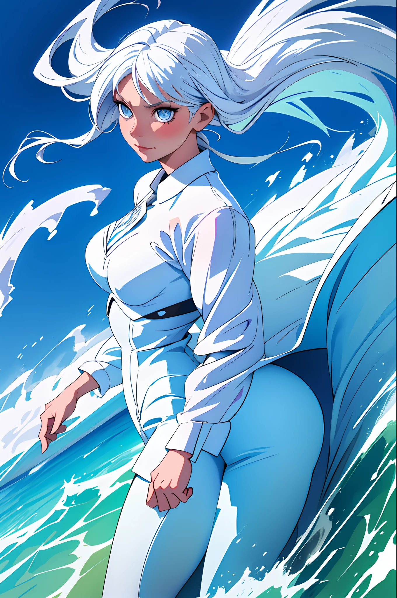 mature woman, blue eyes, white hair, angel mermaid lady surfing on cloud, angel wings, surfboard, long hair,
highly detailed, absurdres,