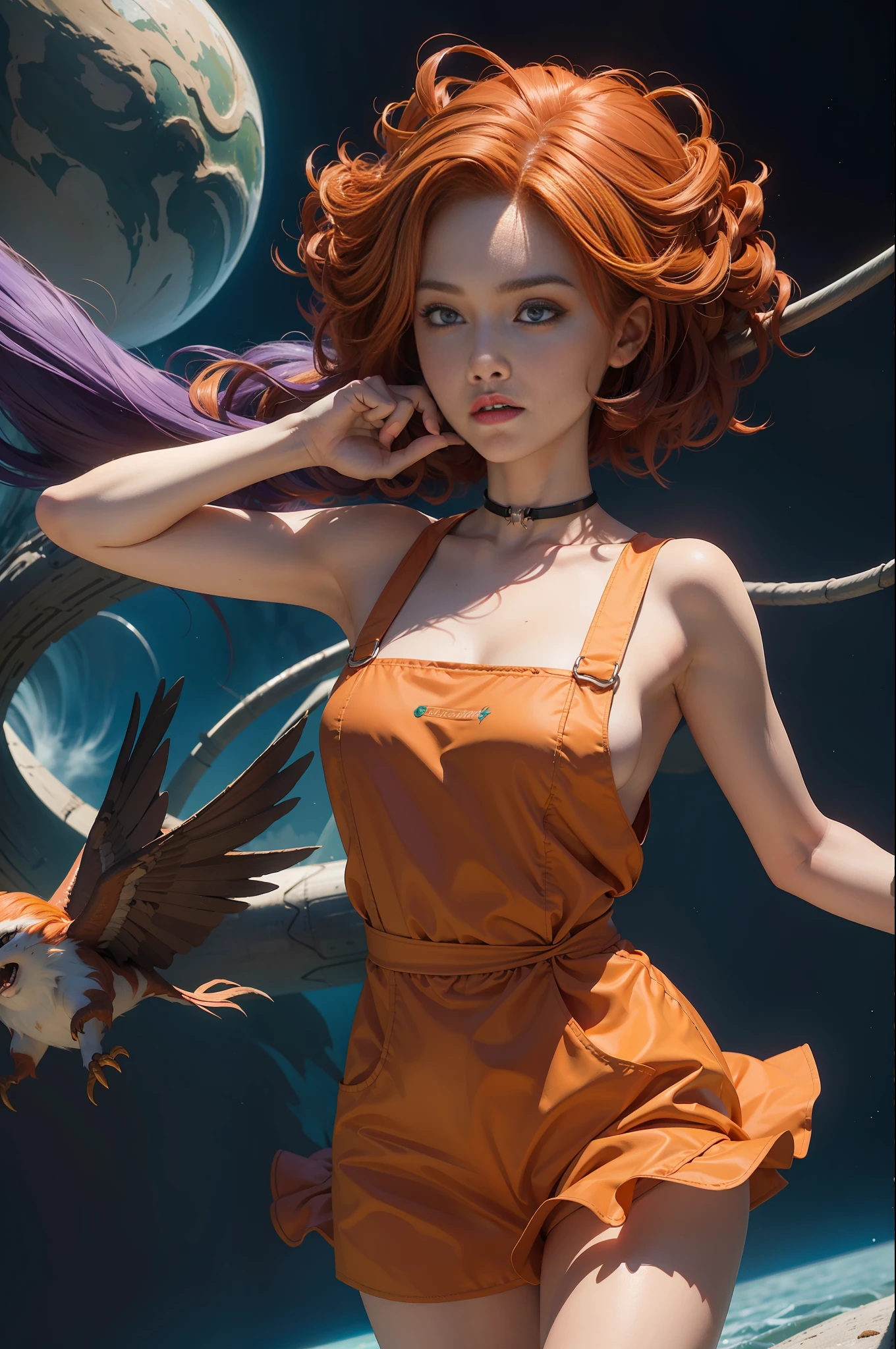 concept art, overhead angle of a Will-o'-the-wisp, wearing Funny Somali Emerald deep orange Pinafore, Caramel hair styled as Short hair, fluorescent purple Hair tie, equirectangular 360, Highres,  [(art by Willi Baumeister:1.1), (art by John T. Biggers:1.2)::17], official art, unity 8k wallpaper, ultra detailed, aesthetic, masterpiece, best quality, photorealistic