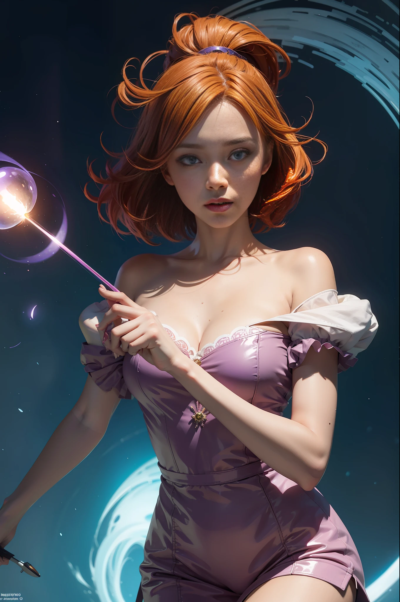 concept art, overhead angle of a Will-o'-the-wisp, wearing Funny Somali Emerald deep orange Pinafore, Caramel hair styled as Short hair, fluorescent purple Hair tie, equirectangular 360, Highres,  [(art by Willi Baumeister:1.1), (art by John T. Biggers:1.2)::17], official art, unity 8k wallpaper, ultra detailed, aesthetic, masterpiece, best quality, photorealistic