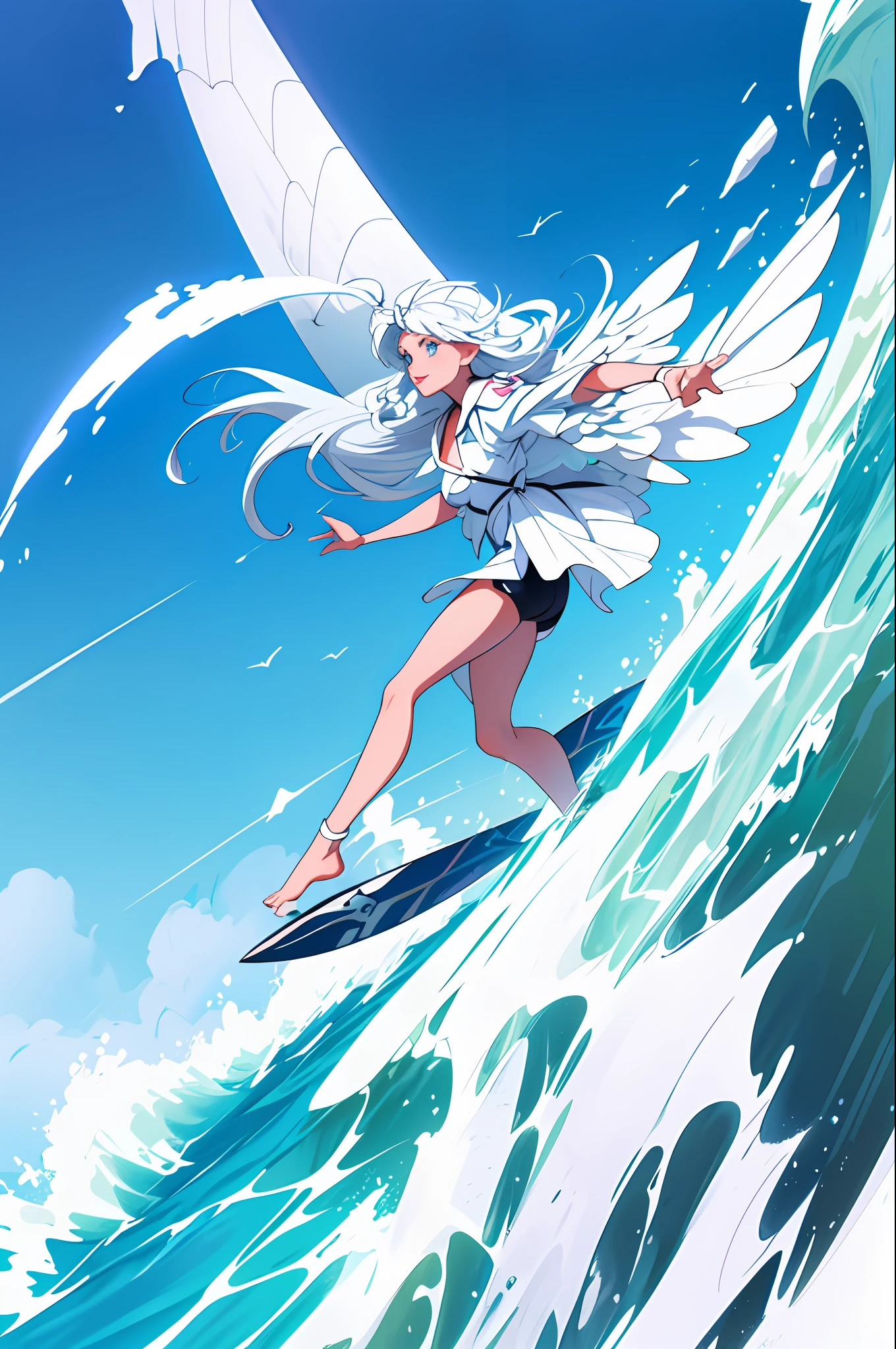mature woman, blue eyes, white hair, angel mermaid lady surfing on cloud, angel wings, surfboard, long hair,
highly detailed, absurdres,