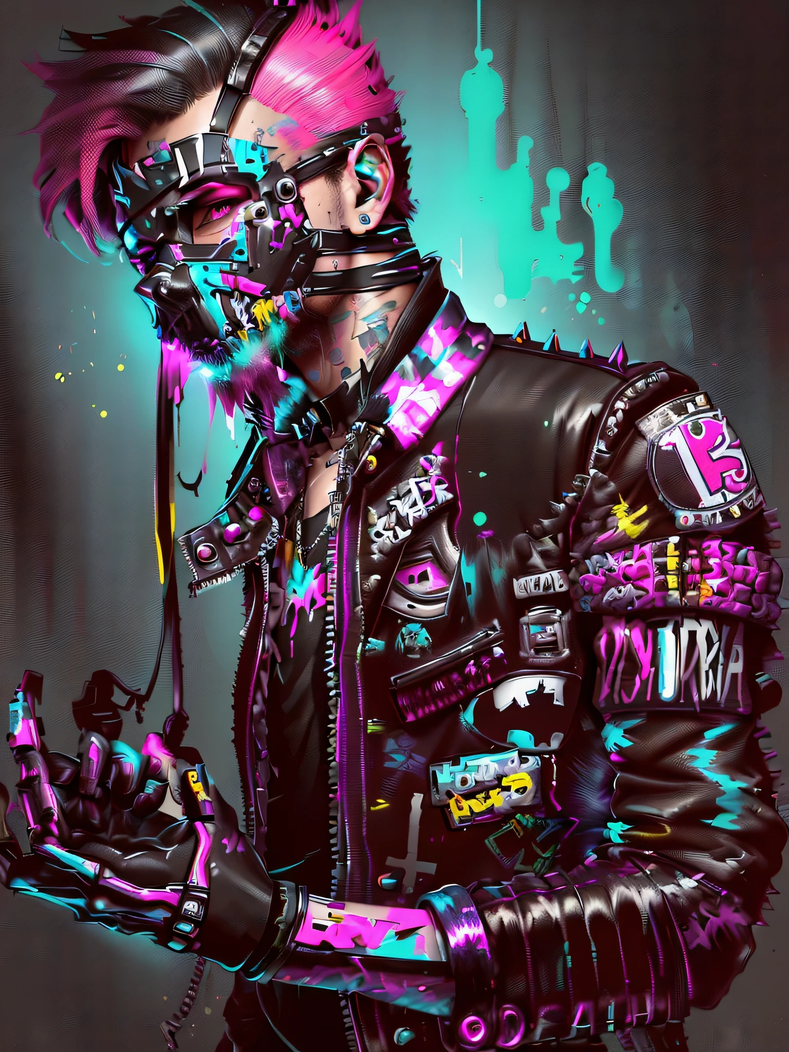 close-up of man wearing jacket, face bandaged and masked, dark neon punk, pop punk art style, punk art, punk paint portrait, punk rocker, punk rock album cover style inspired by Victor Mosquera, glitchpunk, punk!!!, cyberpunk streetwear, punk party, punk style, dressed in punk clothes, diselpunk