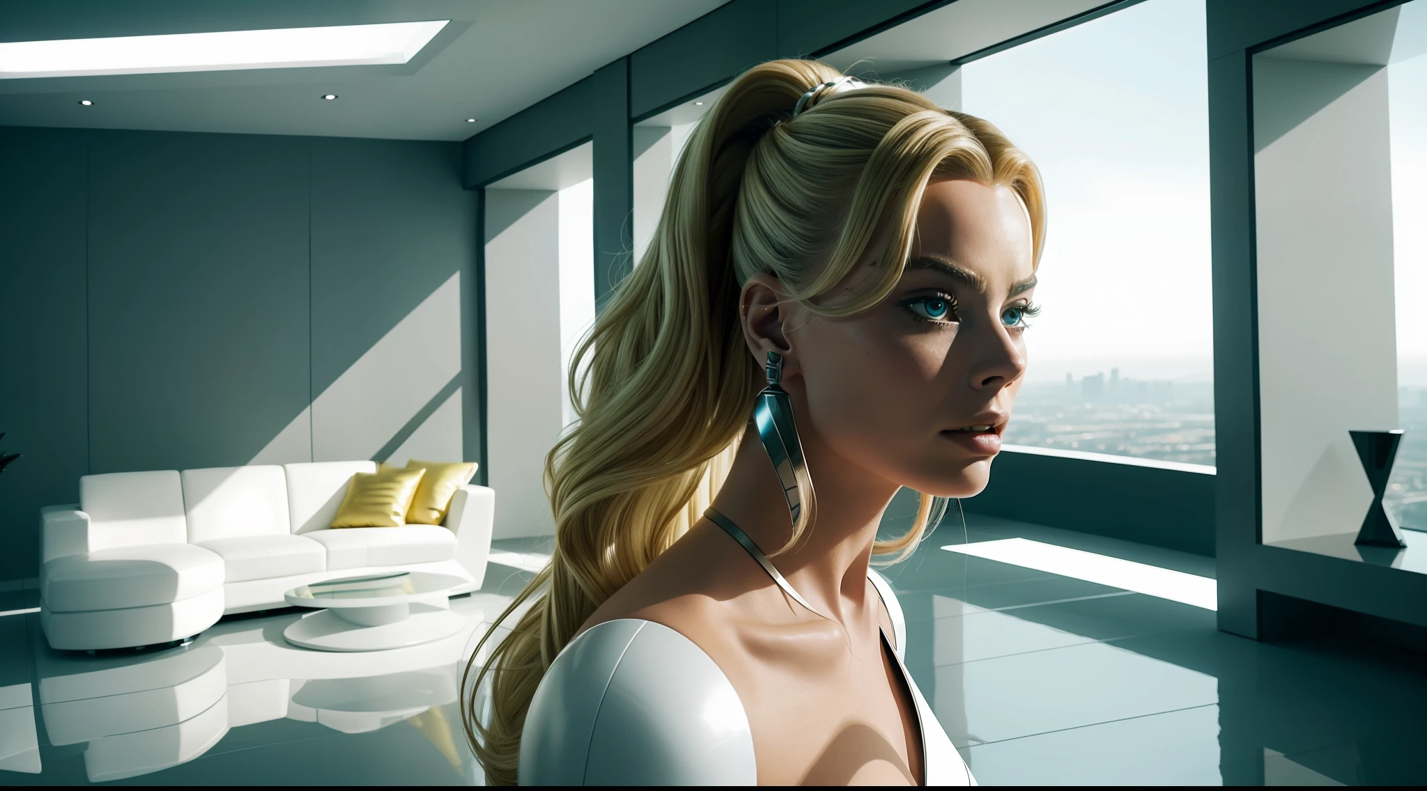 environmental wide angle shot of cyborg in living room of ultramodern home, action shot, futuristic couture costumes, cracked porcelain skin, blonde woman, close up Margot Robbie, with robust body, vibrant, photorealistic, realistic, dramatic, dark, sharp focus , 8k
