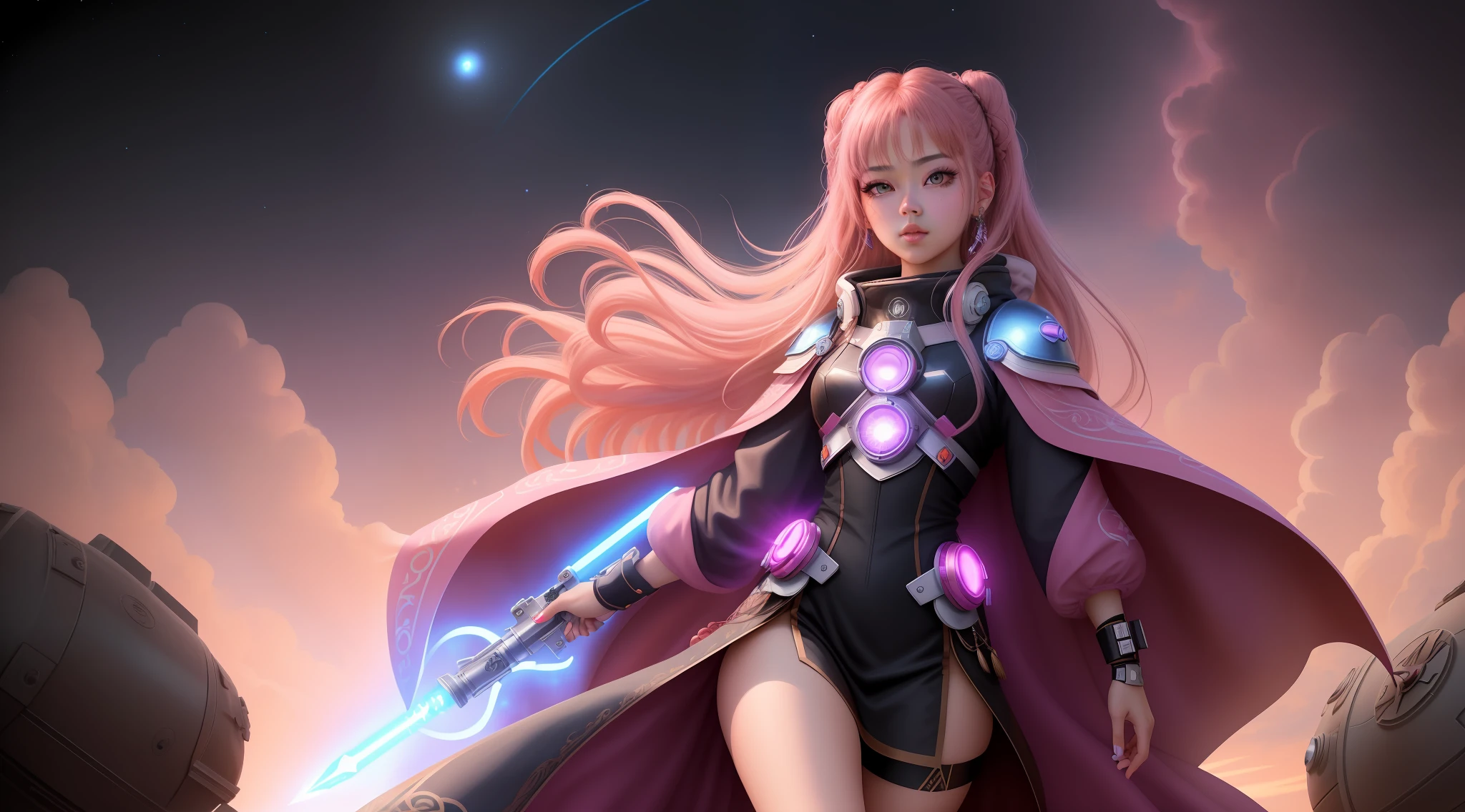 (masterpiece), (full body, full full body), realistic, (portrait of 23 years Rosé Blackpink), jedi padawan, beautiful face, beautiful face, sunlight, cinematic light, fringe, a beautiful woman, serious look, combat pose, blue lightsaber, beautiful eyes, perfect eyes, small moles under the left eye, light blonde hair, perfect anatomy, very beautiful, princess eyes, (hazelnut eyes), Ulzzang makeup, (head frame), centered image, stylized, bioluminescence, 8 full size, 8k resolution, black and pink jedi costume, human hands, full wonder, elegant, approaching perfection, space station background, dynamic, highly detailed, character sheet, smooth, facing directly to the viewer positioned so that his body is symmetrical and balanced, Incredibly beautiful woman, detailed hairstyle, Lisa Blackpink, ChilloutMix, Korean Likeness doll, alphonse mucha inspired