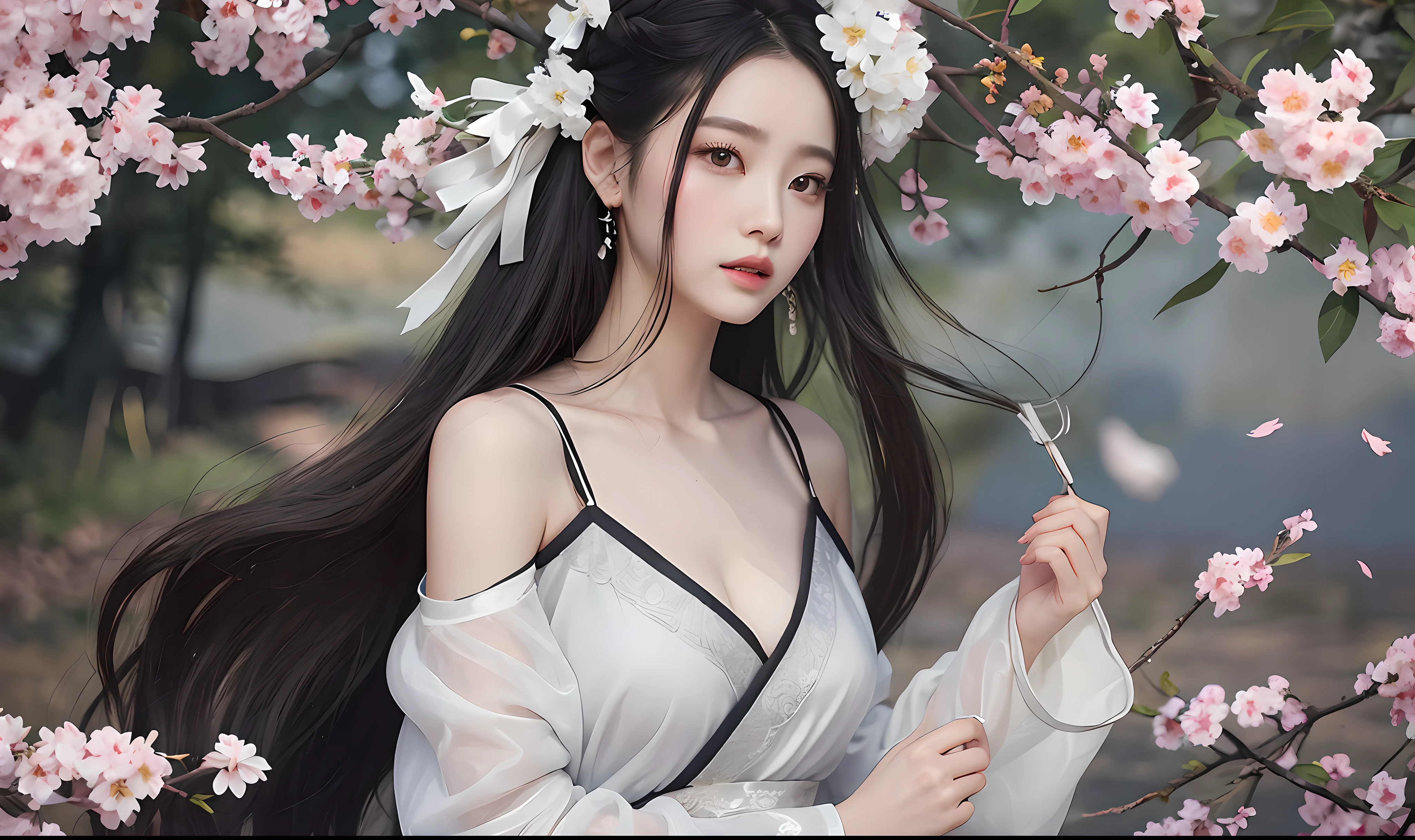 portrait of a girl, (face:1.2), Floating hair, wind, clouds, sunshine, movie light, bangs, face close-up, sky background, oil painting texture, clear hair, light hair, flowers, girls, smiles, bright eyes, single line shoulder, collarbone, shirt, autumn, bare shoulder, bare tree, black hair, branch, cherry blossom, cleavage,coat, (robe:1.21), collarbone, earrings, gray background, hair accessories, Hanfu, Holding a pipe, jewelry, lips, long hair, medium breasts, sitting, solo, tassel, tree, wide sleeves, see through clothes, translucent clothes, silk, Shuke walking horse, negative space, ink painting, standing woman portrait, Willow Branch, (Masterpiece best quality :1.2), traditional Chinese ink painting, model shooting style, peace, looking at the audience, wearing long Hanfu, Song, Willow as background, Ochangshuo, shirt, nsfw whole body, head to toe, natural body, girly feeling, flying hair