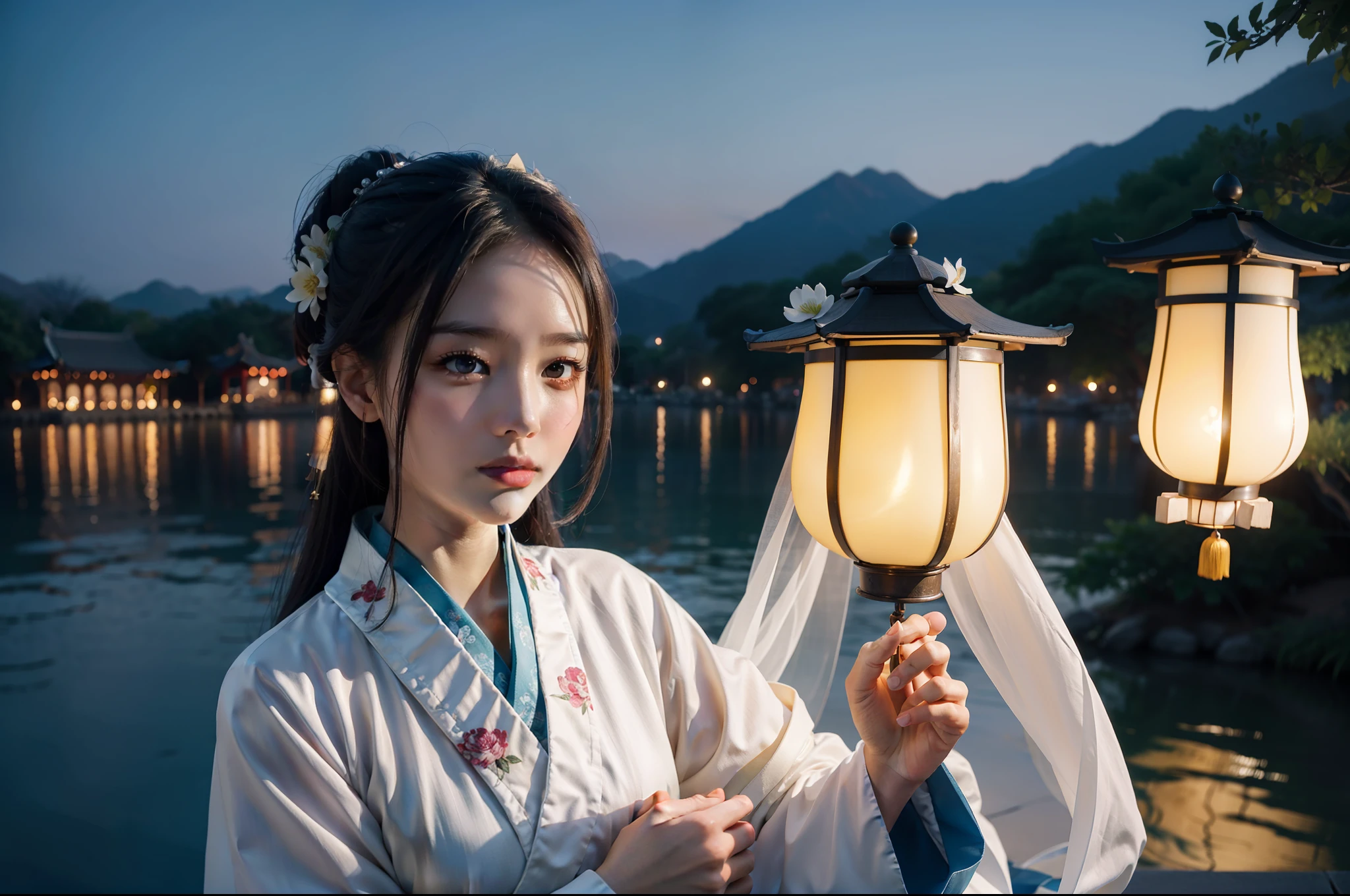 A gorgeous model dressed in white Hanfu and holding an ancient Chinese yellow lantern in her hand, by the dreamy West Lake of Hangzhou, outdoors, deep blue sky in the early morning, night view, photography grade lighting, 4K, product shooting, realistic details, perfect photos, close-up -ar 3:4 --q 2 --v 5 --s 750