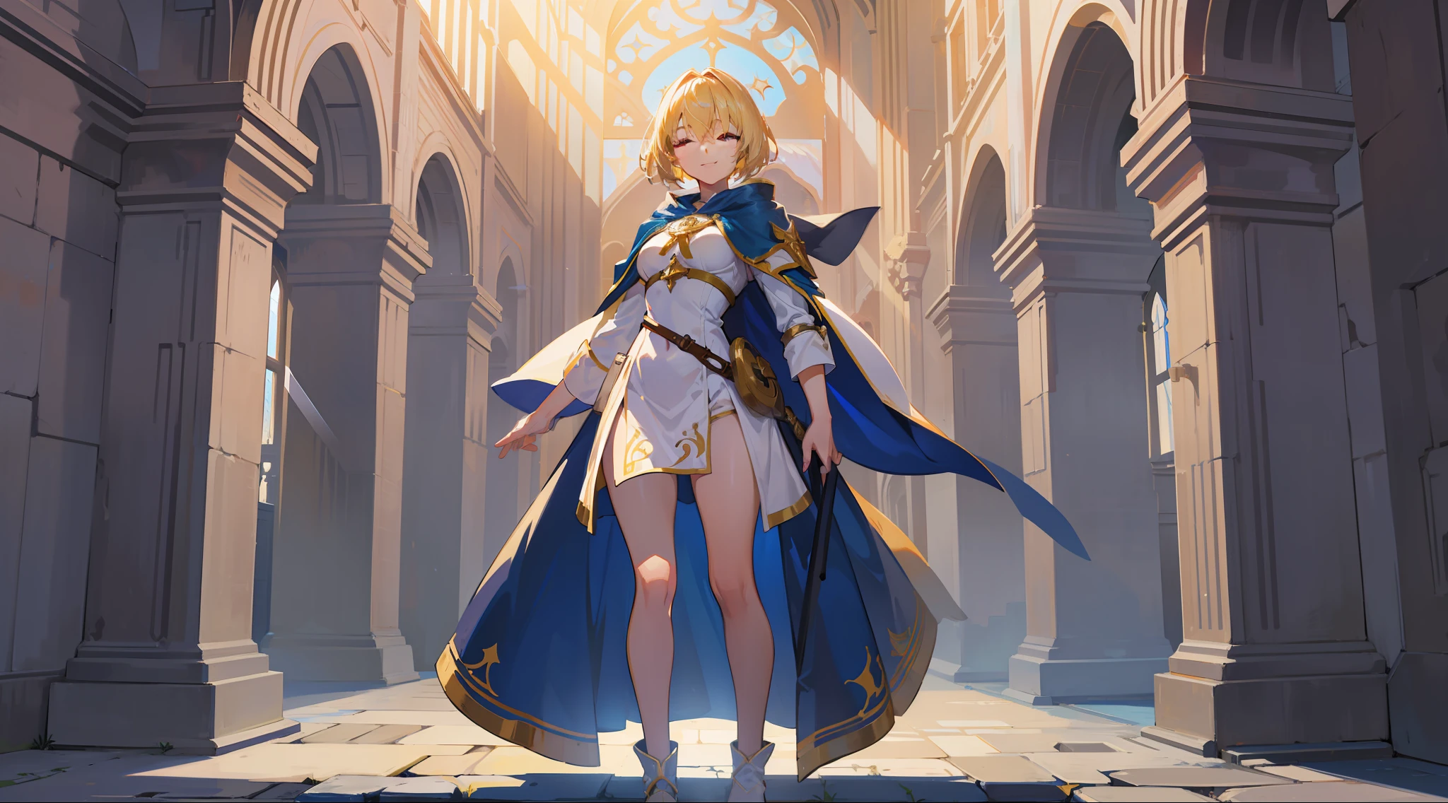 a girl, cleric, blonde, short hair, band covering eyes, beautiful breasts, hair between eyes, bangs, full body, confident, heroic posture, smiling, white and blue robe, cape, fantasy, medieval, rays of sun