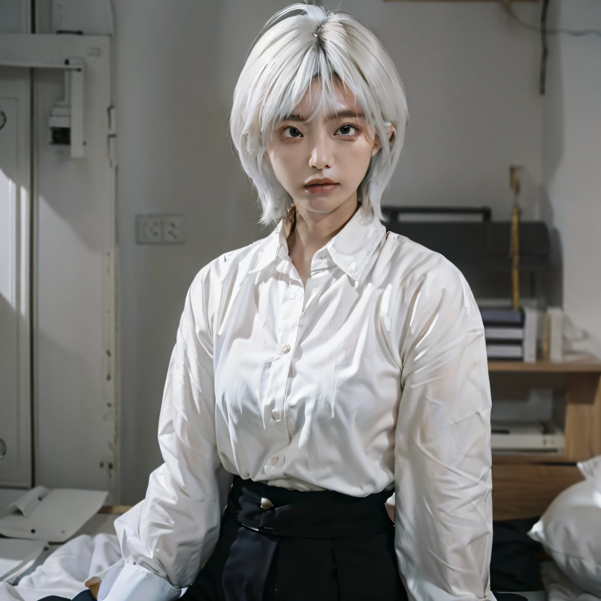 ((masterpiece, best quality)), (1girl), (solo), (female focus), (ahoge, white hair, short hair), black eyes, ((white shirt), (buttoned shirt)), ((black裙子），（短裙））最高画质画质拉满真人感