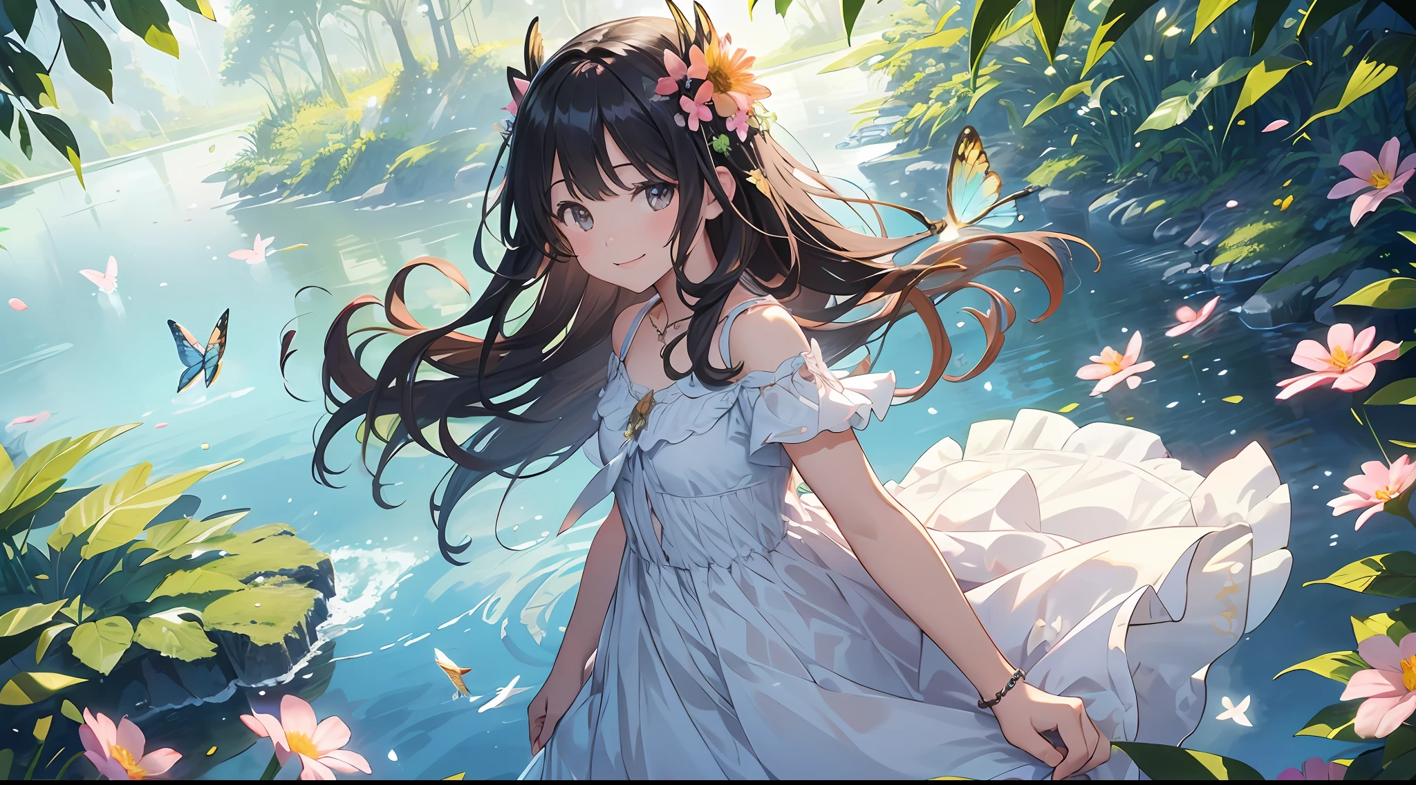 ((SFW))), Masterpiece, (High Quality), ((Photoreal)), (Cinematic Direction), (High Contrast), (Depth of Field: 1.3), (Award-winning Difference Photo: 1.1), (Face Detail), Detailed Drawing, There is a place in the forest where flowers bloom, Girl dancing in a snow-white summer dress in the flower field, Animals are jumping happily around the girl, Colorful little birds and butterflies flying around the girl, the girl is 9 years old, black hair very long hair, flower crown, full body figure, summer sky, summer clouds, summer dazzling sunlight, (flower garden), girl with open arms, dancing, necklace, ((smile)), smile, happy, fun, girl looking up at the sky, deer, flapping duck, flapping goose, hummingbird, European bulbul, kingfisher, European orli, ((butterfly)), (dazzling halo light), (dazzling glow: .1.6), (glow: 1.3), backlit, (colorful petals soar in the wind: 1.4), strong wind, teething, colorful flowers,