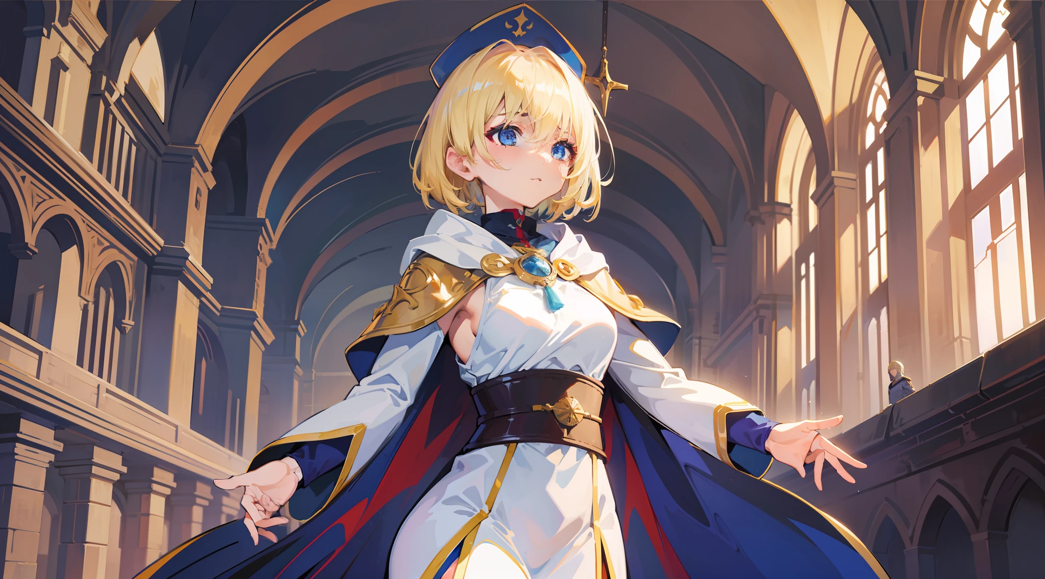 a girl, cleric, blonde, short hair, eye band, beautiful breasts, hair between eyes, bangs, full body, confident, heroic posture, white and blue cloak, cape, fantasy, medieval, rays of sun
