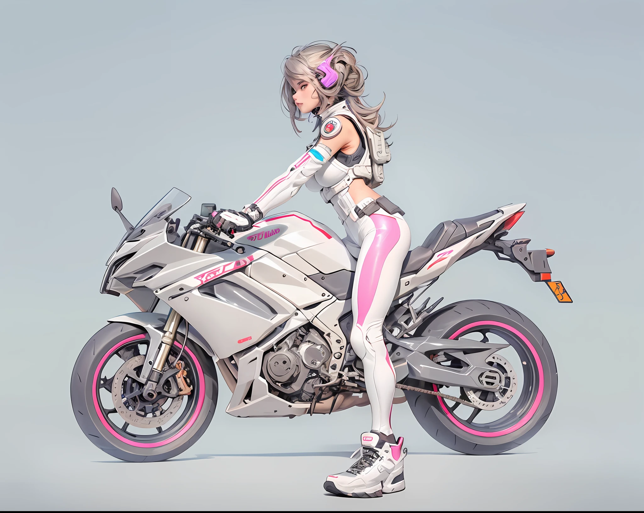 Masterpiece, best quality, official art, 8k wallpaper, very detailed, illustration, 1 girl, taupe hair, motorcycle girl, (cyberpunk style: 1.3), urban street, high-rise building, motorcycle, helmet, tight vest, yoga pants, good figure, big breasts