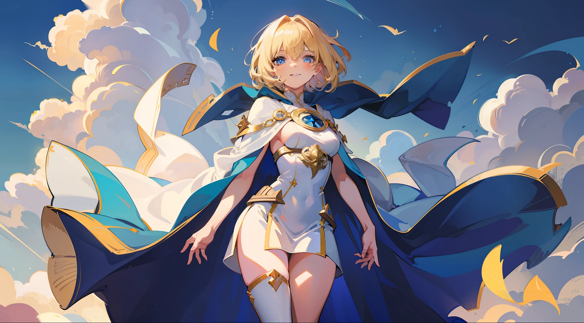 a girl, cleric, blonde, short hair, band covering eyes, beautiful breasts, hair between eyes, bangs, full body, confident, heroic posture, smiling, white and blue robe, cape, fantasy, medieval, rays of sun