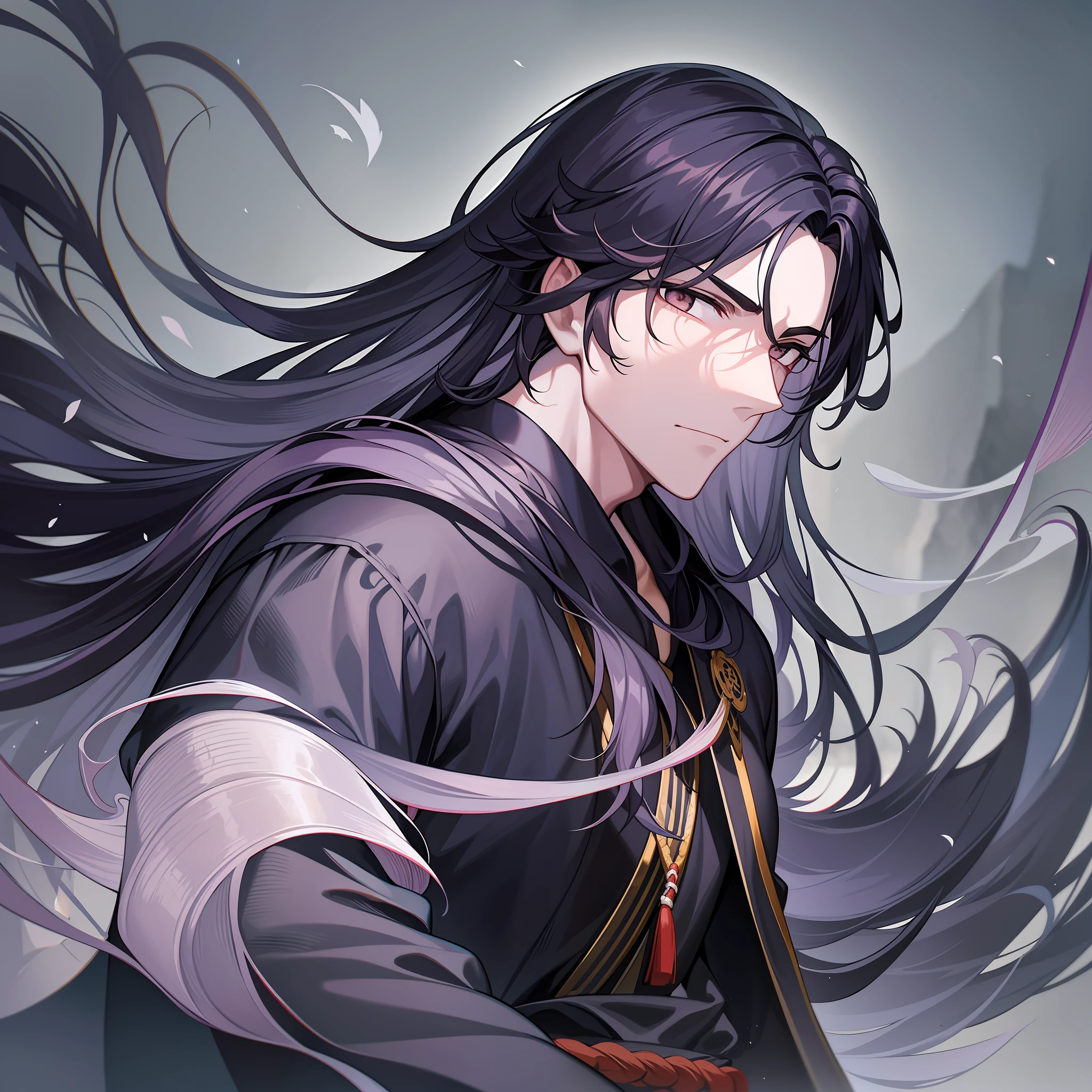 In this misty mountain forest, a long-haired black-haired Taoist priest with a sword appears in the center of the picture.

He was dressed in a black robe, his shoulders trembling gently in the breeze, and a long sword was inserted diagonally into the scabbard at his waist. His long hair was draped over his shoulders, and his expression was focused and calm, as if he was waiting for something to appear.

The entire picture uses gloomy tones such as dark gray and black, highlighting the mystery of this scene. The background exudes a strong mountain and forest atmosphere, and the solemn demeanor of the Taoist priest shows his adherence and loyalty to the morality of martial arts and the spirit of the samurai.

Through his image and demeanor, this Taoist priest shows a persistent spirit and pursuit. He is quiet and confident, but also exudes an inviolable aura that makes people can't help but be impressed by his kendo. Long black hair, black Daoist robes and nerve sword qi fill the picture, bringing a sense of tranquility and coldness.

The unique atmosphere and mystery of the whole picture make the picture reveal a feeling of pursuing the path of martial arts and being loyal to the spirit of martial arts. His concentration, persistence, and self-confidence fully demonstrated the unique spirit and style of samurai who were not afraid of difficulties and always adhered to their own beliefs.