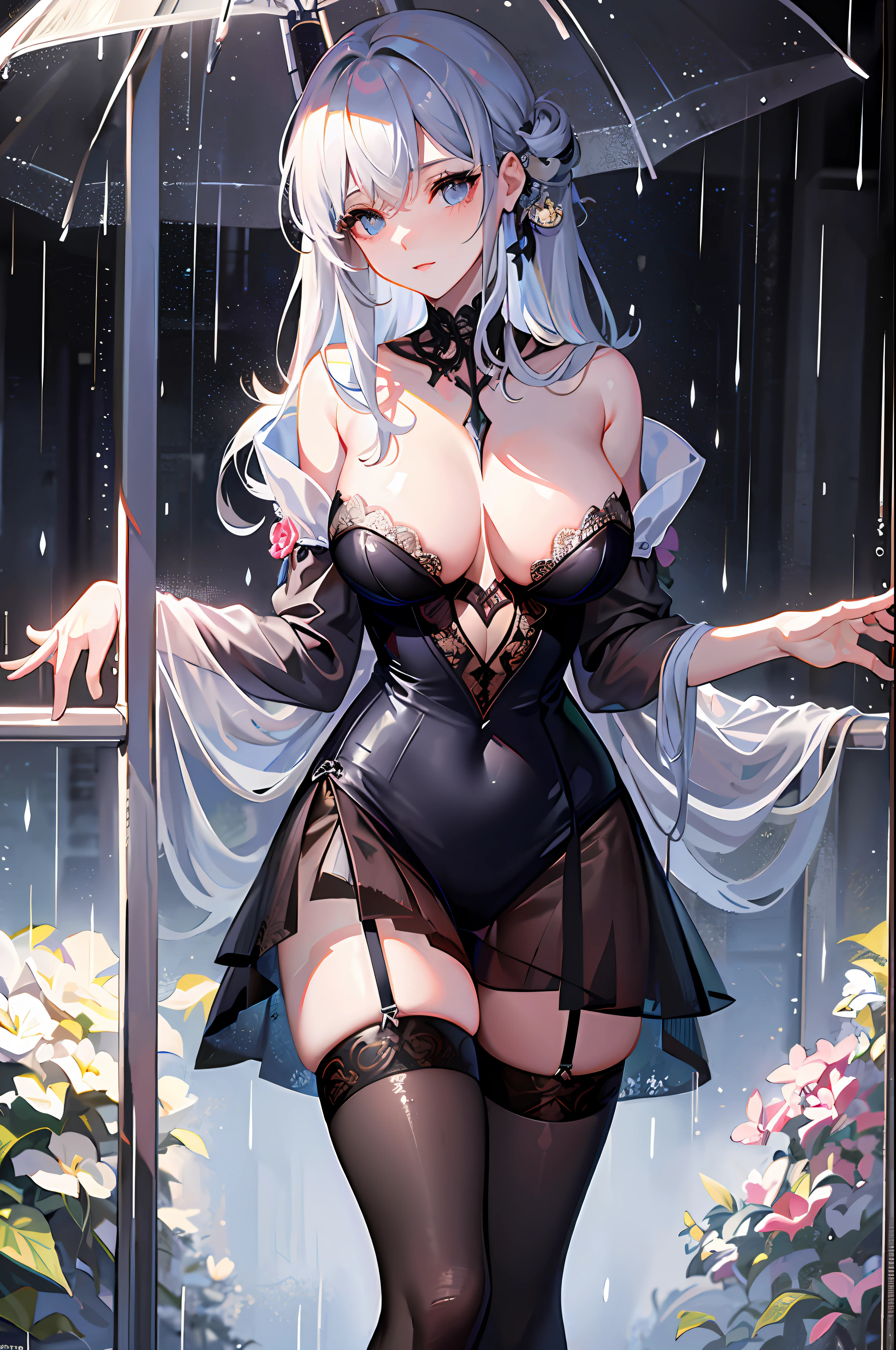 (Masterpiece))), ((Best Quality)), Details, Alone, Female One, Lingerie, Stockings, Sexy Pose, (Rain), Breast Curtain, Depth of Field, Viewer's Gaze,