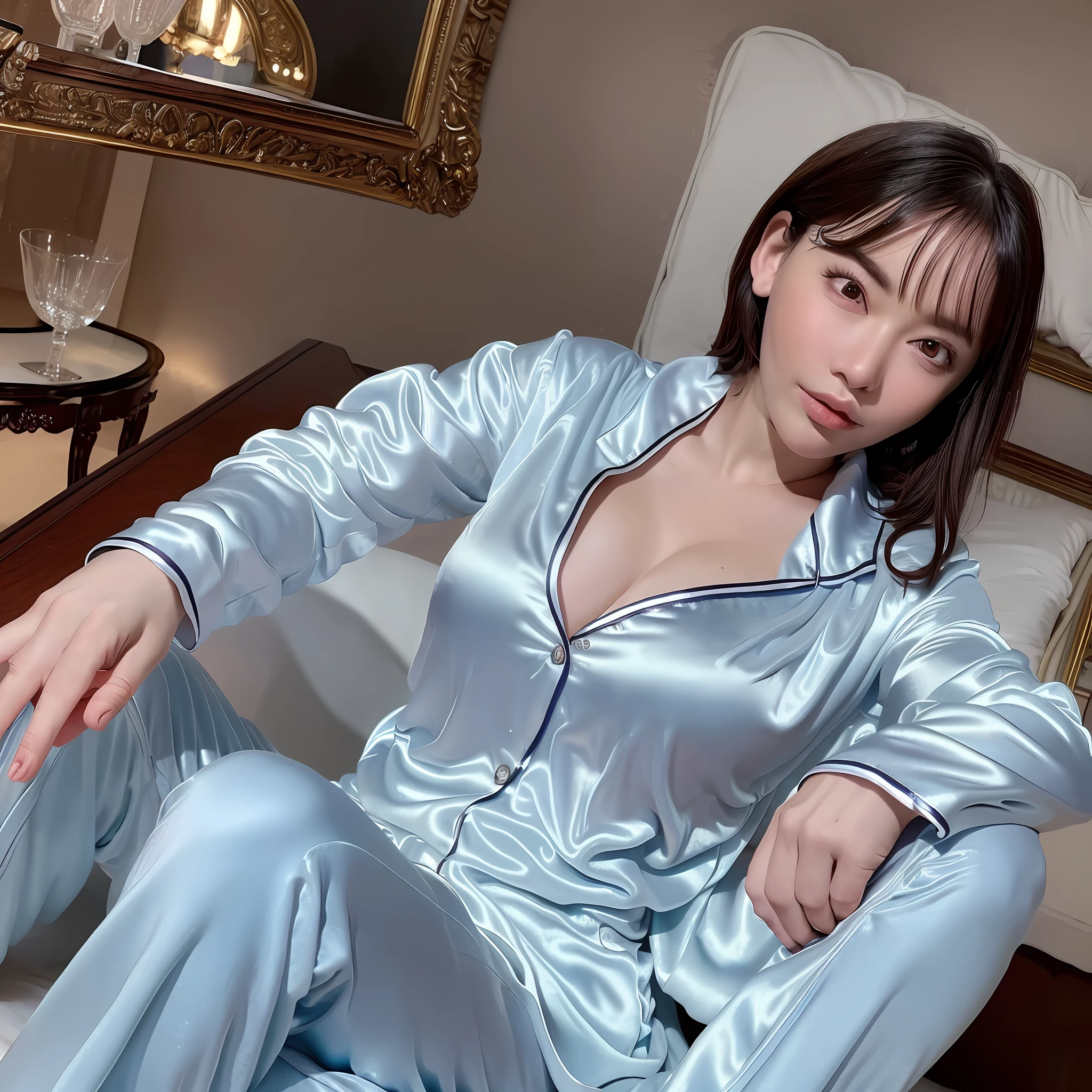 Best quality, best image quality, highest resolution, very detailed, realism, texture skin, wearing satin pajamas, the material of satin pajamas is shiny, soft and smooth to the touch, ???????????? is worn, ????? is C cup, full body shooting so that the face can also enter, the subject is one person, the place is a hotel bathtub, seductive expression,