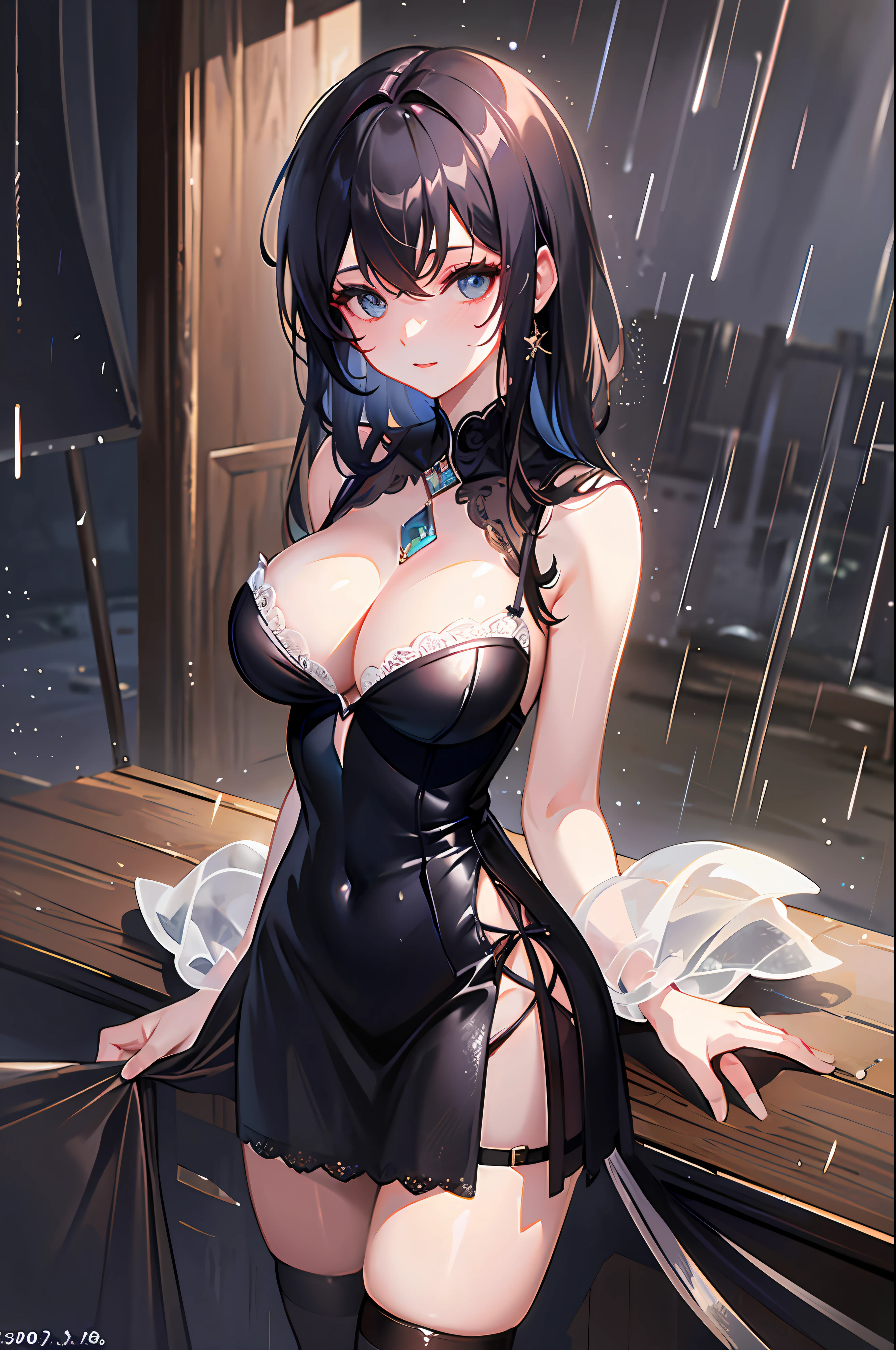 (Masterpiece))), ((Best Quality)), Details, Alone, Female One, Lingerie, Stockings, Sexy Pose, (Rain), Breast Curtain, Depth of Field, Viewer's Gaze,