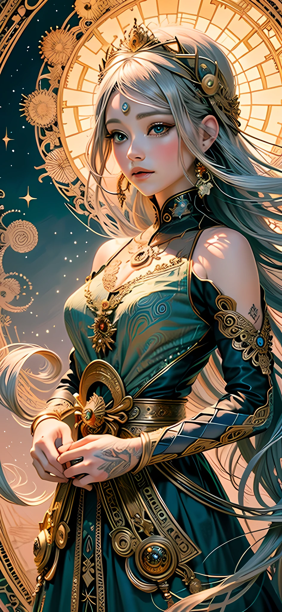 official art, 8k unit wallpaper, ultra detailed, beautiful and aesthetic, high quality, beautiful, masterpiece, best quality (zentangle, mandala, tangled, tangled: 0.6), a young goddess in her 20s, long silver hair, sun goddess,