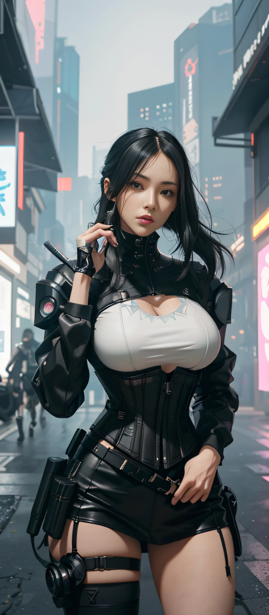 there is a woman with massive breasts in a corset and a black and white outfit, wearing techwear and armor, cyberpunk outfit, wearing japanese techwear, intriguing outfit, all black cyberpunk clothes, cyberpunk style outfit, female cyberpunk anime girl, cyberpunk streetwear, cyberpunk dress, anime girl cosplay, photograph of a techwear woman, cyberpunk anime girl, wearing cyberpunk streetwear, maid outfit
