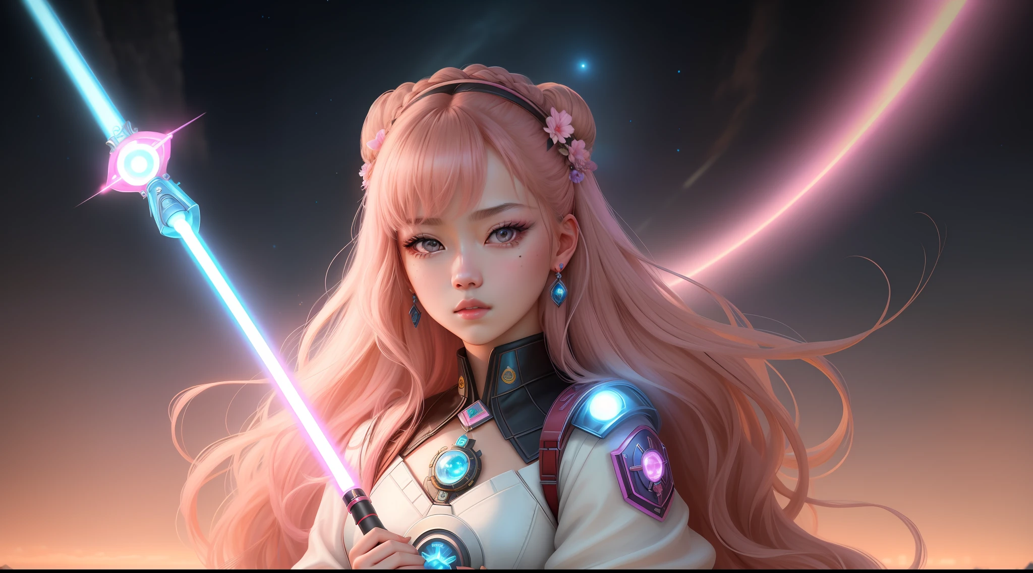 (masterpiece), (full body, full full body), realistic, (portrait of 23 years Rosé Blackpink), jedi padawan, beautiful face, beautiful face, sunlight, cinematic light, fringe, a beautiful woman, serious look, combat pose, blue lightsaber, beautiful eyes, perfect eyes, small moles under the left eye, light blonde hair, perfect anatomy, very beautiful, princess eyes, (hazelnut eyes), Ulzzang makeup, (head frame), centered image, stylized, bioluminescence, 8 full size, 8k resolution, black and pink jedi costume, human hands, full wonder, elegant, approaching perfection, space station background, dynamic, highly detailed, character sheet, smooth, facing directly to the viewer positioned so that his body is symmetrical and balanced, Incredibly beautiful woman, detailed hairstyle, Lisa Blackpink, ChilloutMix, Korean Likeness doll, alphonse mucha inspired